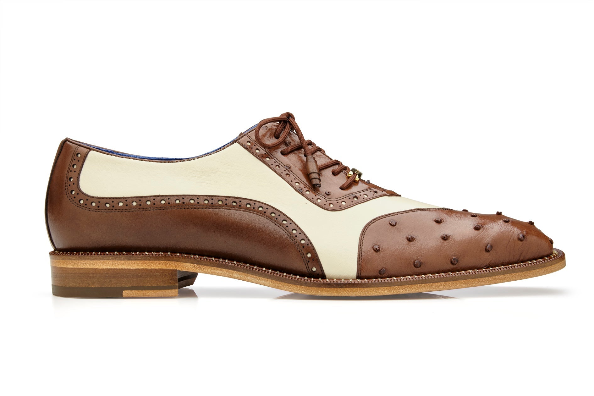 Belvedere Sesto Genuine Ostrich Quill & Italian Leather Wingtip Dress Shoes for Men - Brown/Cream Size R54 - Premium Business Formal & Wedding Oxford Shoes