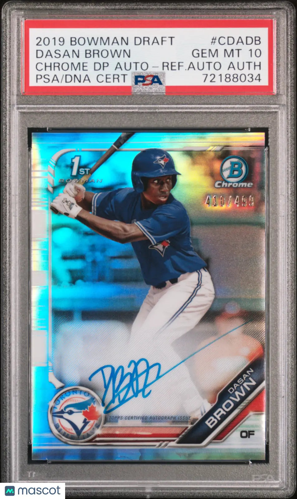 2019 Bowman Draft Chrome Dasan Brown Auto Refractor PSA 10 /499 - Rare Baseball Card for Collectors & Investment, Perfect for Sports Memorabilia Displays & Trading