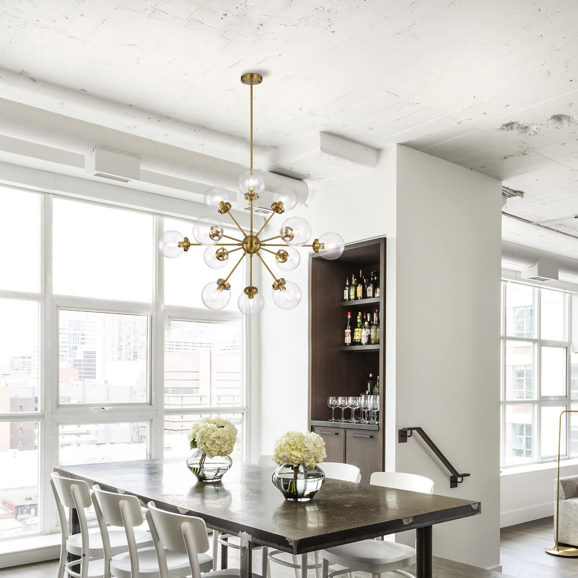 Tiffany Masakee 12-Light Sputnik Chandelier with Clear Glass Globe Shades - Brass & Gold Finish | Modern Dining Room Lighting for Restaurants & Luxury Homes