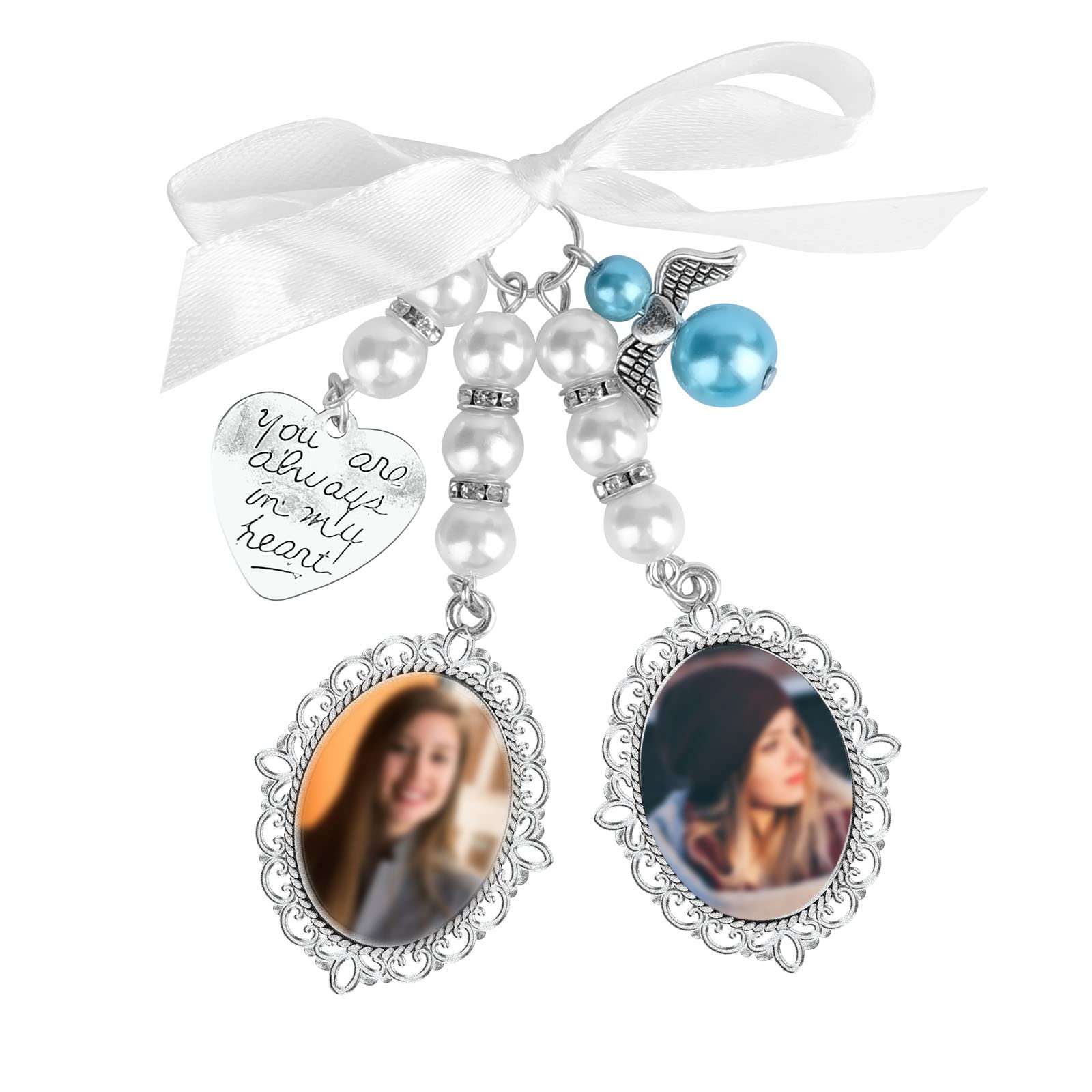 SAVITA 1pc Wedding Bouquet Photo Charm with 2pcs Oval Glass Cabochons - Elegant Bridal Bouquet Charm Holder Picture Frame with Bow-Knot Pearl Rhinestone Heart Pendant for Bridal Shower, Wedding Keepsake & Photo Jewelry - Perfect for Bridal Accessories, Wedding Gifts & Memory Preservation