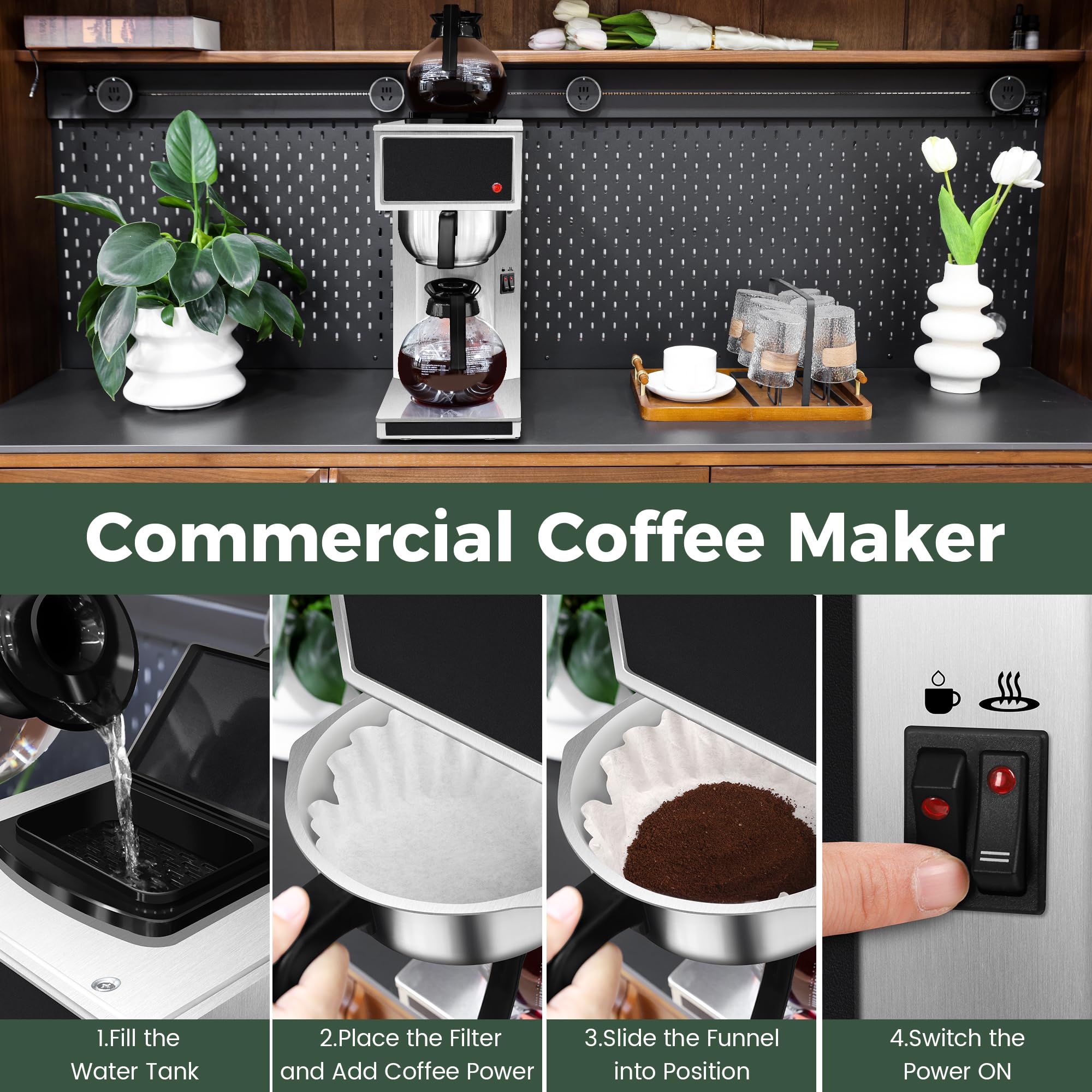 YUANHAO 12-Cup Commercial Coffee Maker with Glass Carafe & Warmer - 120V Pourover Brewer for Restaurants, Offices & Home Use - Perfect for Fresh Brewed Coffee All Day