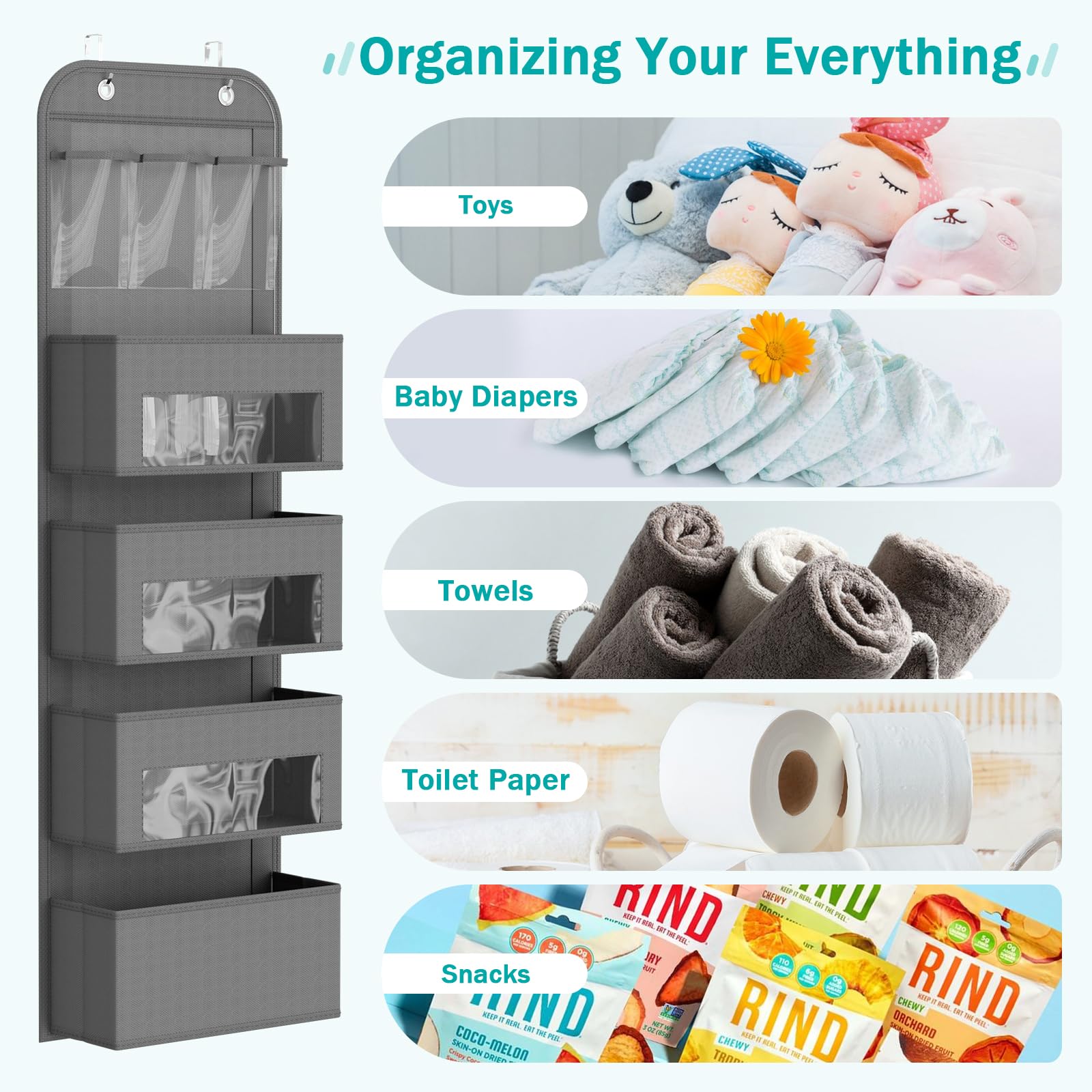 Over The Door Organizer with 4 Shelves - Space Saving Hanging Storage for Nursery, Closet & Bathroom - Grey (Perfect for Baby Supplies, Toys & Bathroom Essentials)