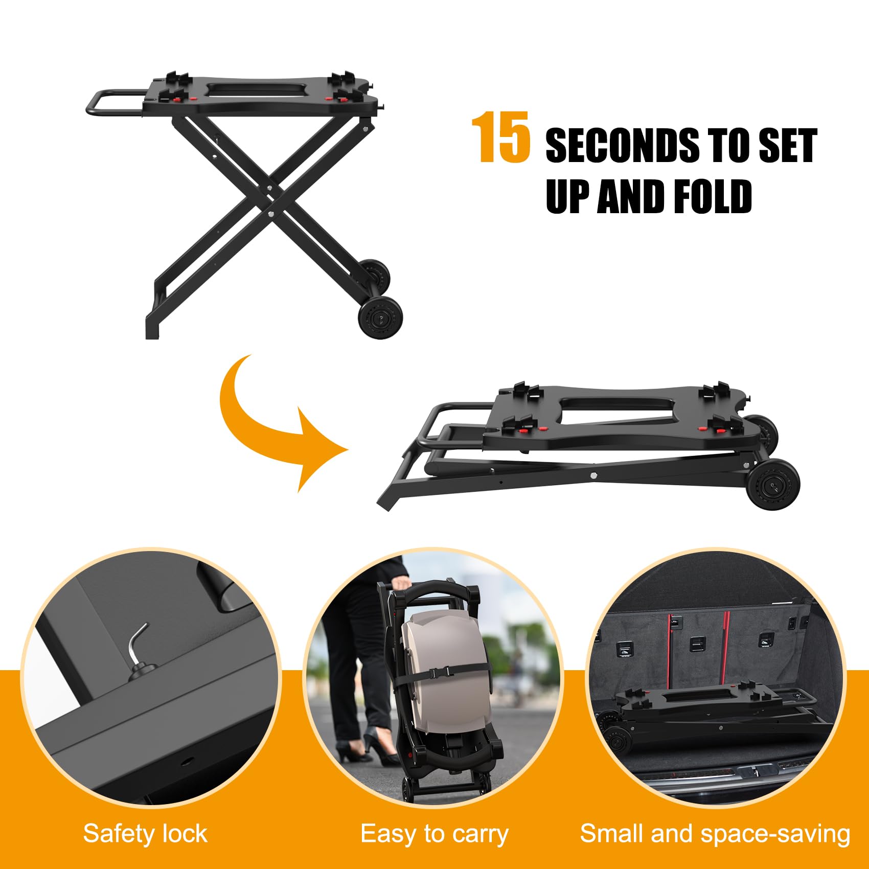 Portable Grill Stand for Weber Q Series - Heavy-Duty Collapsible BBQ Table for Q1200, Q1000, Q2000, Q1400 - 2-Wheel Outdoor Cooking Trolley for Tailgating, Camping & Backyard BBQs - Black