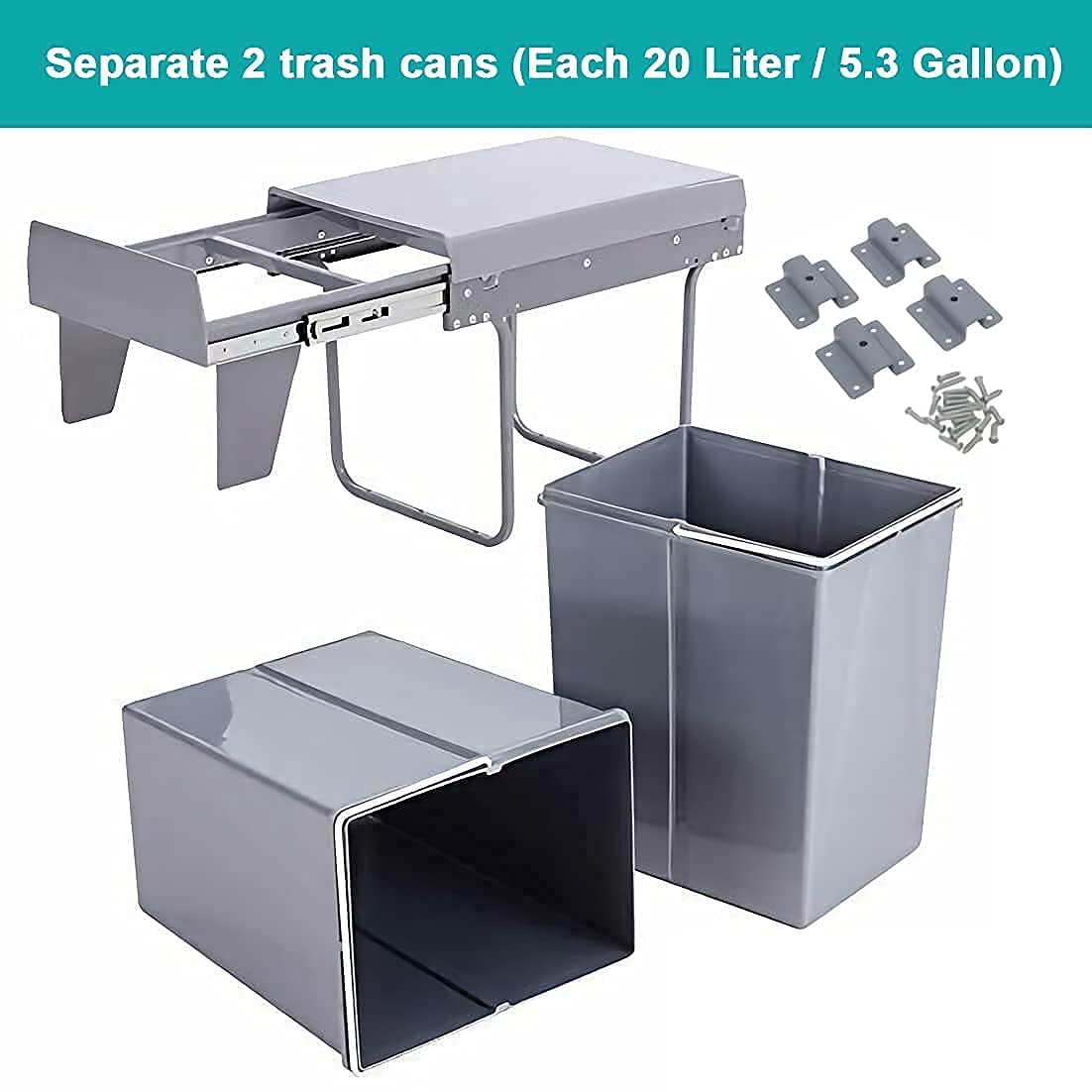 Nisorpa 40L/10.6Gal Dual Compartment Pull-Out Trash Can - Under Sink Cabinet Garbage Bin with Lid - Soft Close Sliding Recycling Container for Kitchen, Commercial Use - Gray (Perfect for Small Spaces & Waste Sorting)
