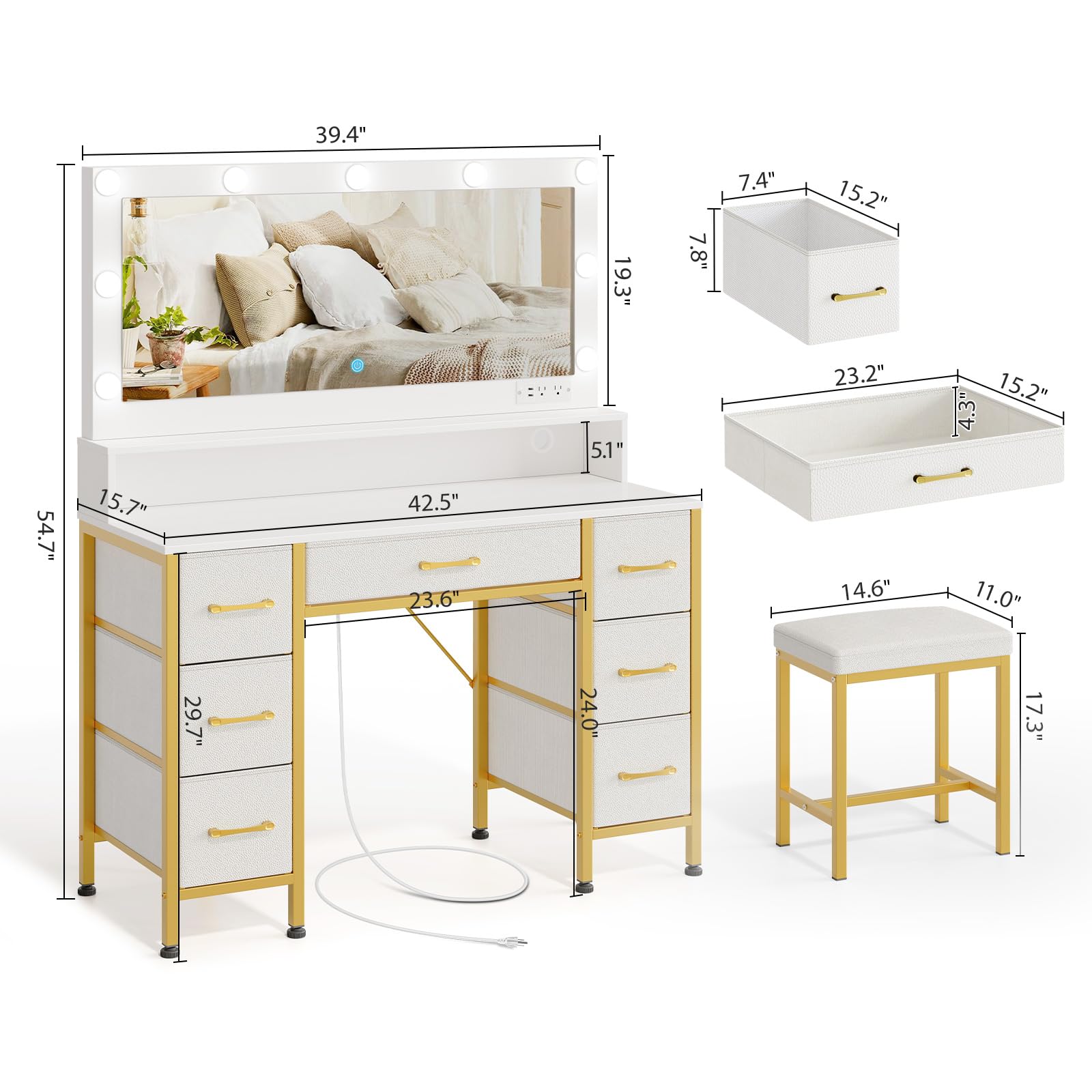 Rolanstar White and Gold Vanity Desk with Mirror & LED Lights - Makeup Vanity Set with Upholstered Stool, 7 Fabric Drawers, 9 LED Bulbs & Power Outlets - RGB Strip Lighting for Bedroom, Dressing Room & Beauty Salon