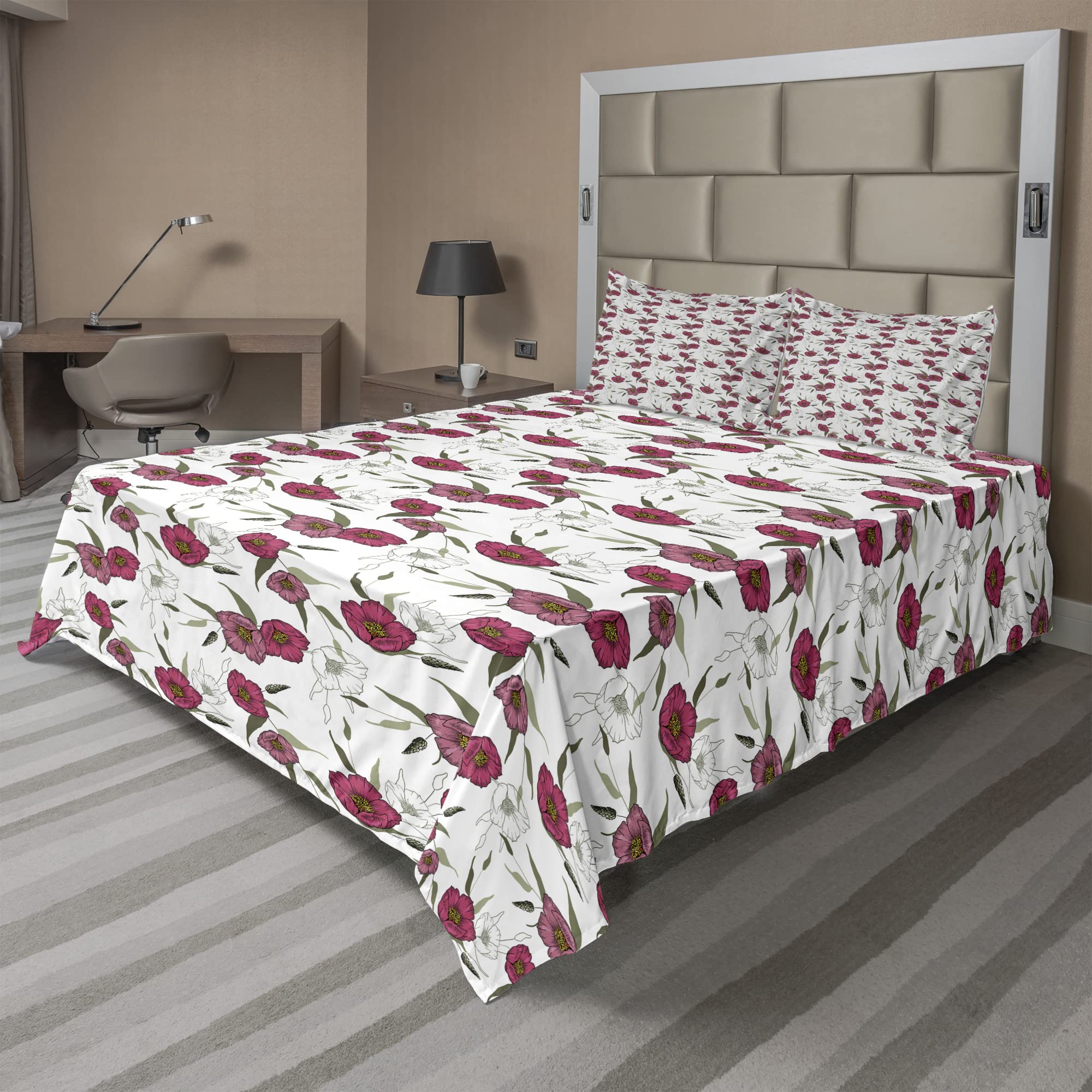 Ambesonne Floral King Size 4-Piece Sheet Set - Pink Gracious Poppy Pattern on Plain Background, Fitted & Flat Sheets with Pillowcases, Dried Rose Army Green - Soft & Breathable Bedding for Master Bedroom, Guest Room, or Dorm