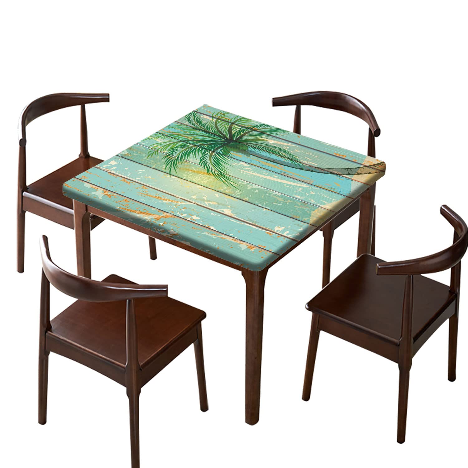 Vintage Wood Grain Palm Tree Elastic Edge Tablecloth - Stain & Wrinkle Resistant Polyester Square Table Cover for 24x24 Inch Tables - Perfect for Hawaii-Themed Decor, Family Dining, Living Room & Patio Use