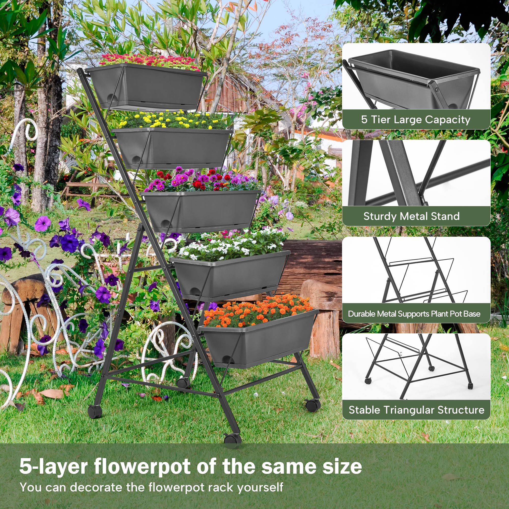 GENMOUS 5-Tier Vertical Raised Garden Bed - 45FT Tall Elevated Planter Box with Drainage Holes & Removable Tray - Outdoor Herb Flower Stand for Patio, Balcony, Porch - Perfect for Small Space Gardening, Urban Farming & Homegrown Vegetables (Black)