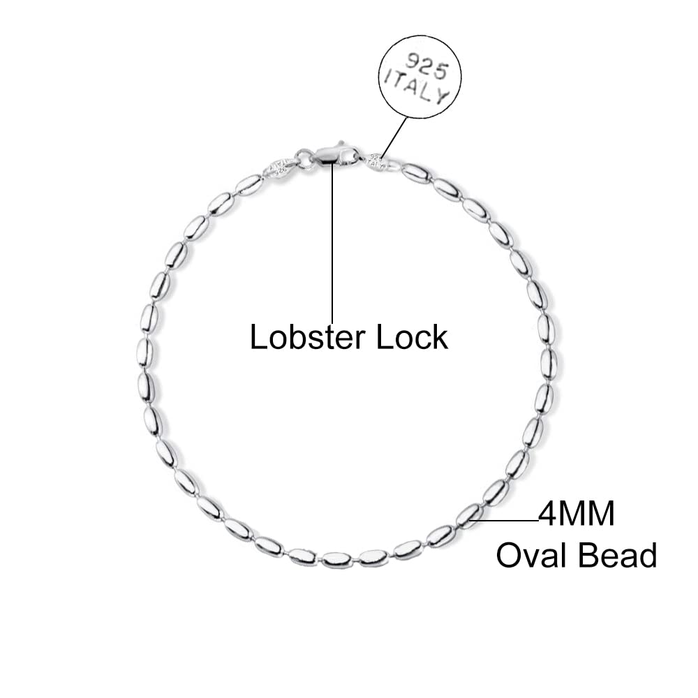 Savlano 925 Sterling Silver Oval Rice Bead Strand Chain Anklet for Women - Italian Made, Gift Box Included | Elegant Ankle Bracelet for Everyday Wear, Beach Vacation & Special Occasions