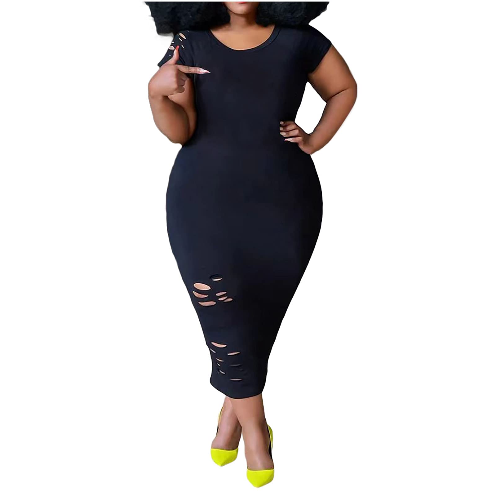 Wirziis Plus Size Bodycon Dress for Women - Sexy Summer Crew Neck Ripped Short Sleeve Midi Dress | Perfect for Date Night, Club Wear & Casual Outings