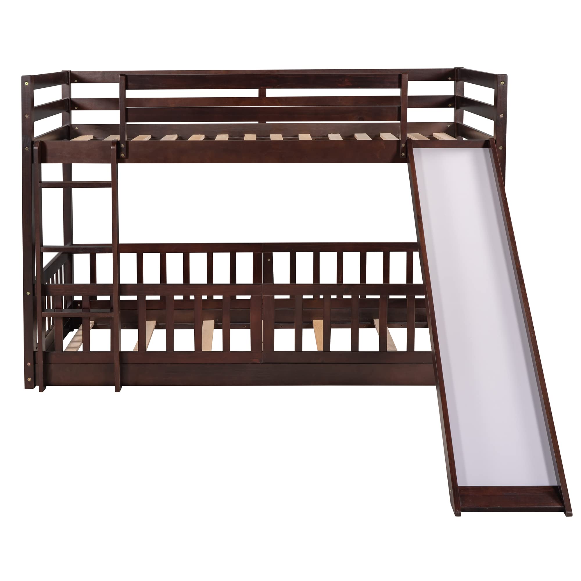 Twin Over Twin Bunk Bed with Slide - Wooden Low Bunk Bed Frame with Ladder & Safety Rail for Kids, Toddlers, Boys & Girls - Espresso Finish - Perfect for Kids' Bedrooms, Sleepovers & Space-Saving Solutions