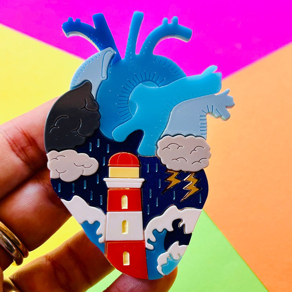 Stormy Heart Nautical Aesthetic Acrylic Brooch - Anatomical Hearts Collection by Makokot Design | Unique Handmade Pin for Jackets, Bags & Accessories