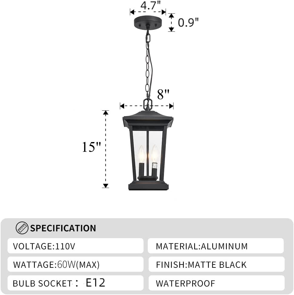 Modern Matte Black Outdoor Pendant Light - 2-Light Exterior Hanging Lantern with Clear Glass for Porch, Patio & Garden Lighting | Weather-Resistant & Stylish Design