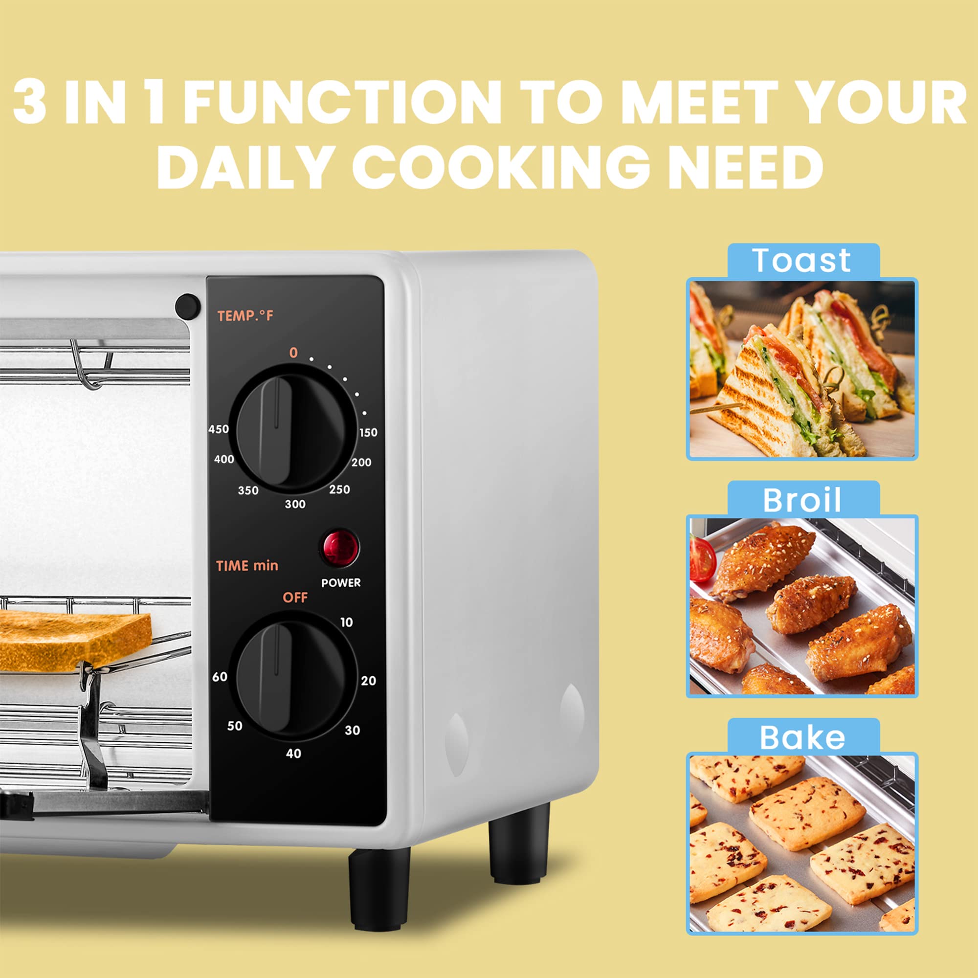 COMFEE' Mini 2-Slice Toaster Oven - 1000W Countertop Toaster with Timer, 2 Easy-Control Knobs for Baking, Broiling & Toasting - Compact Black/White Design for Small Kitchens, Dorms & Office Break Rooms (CO-B08AA(BK))