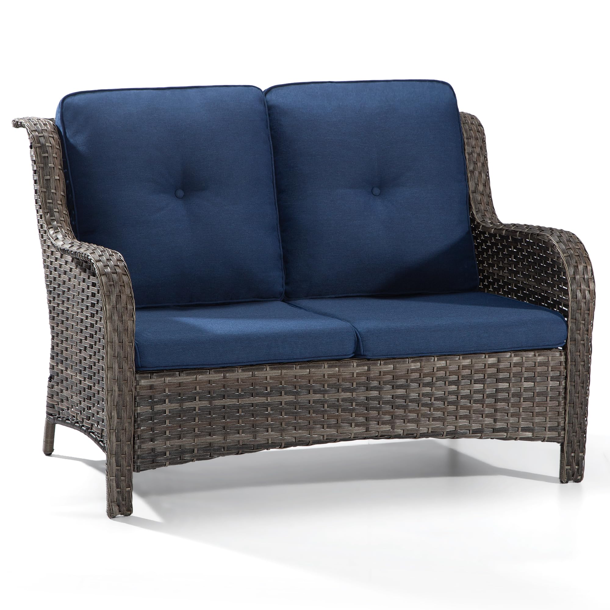 2-Seat Outdoor Patio Sofa with Wicker Frame, Deep Seating & High Back - Steel Structure & Olefin Cushions in Blue - Perfect for Garden, Deck, Poolside or Backyard Relaxation
