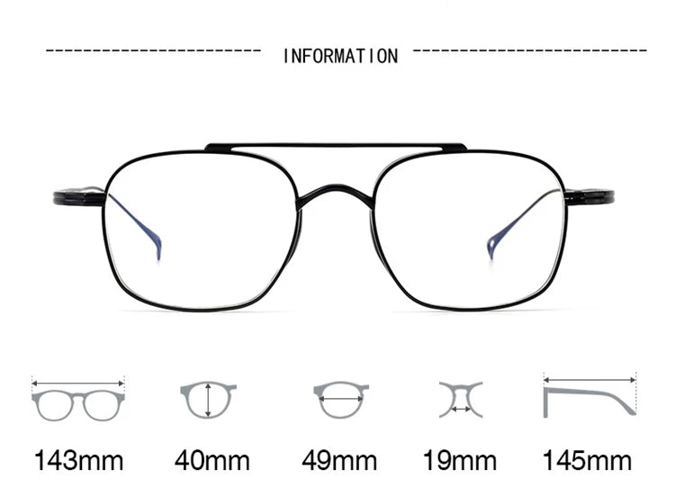 Stylish Black Unisex Titanium Square Eyeglasses with Double Bridge - K9501 | Perfect for Work, Reading & Fashion Accessories