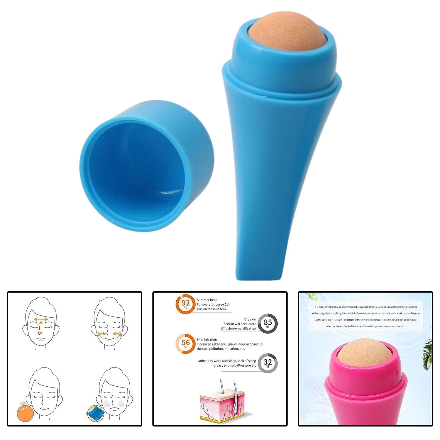 Volcanic Stone Face Roller for Oily Skin - Blue Reusable Oil Absorbing Tool for Acne & Pore Care - Perfect for Daily Skincare & Makeup Prep
