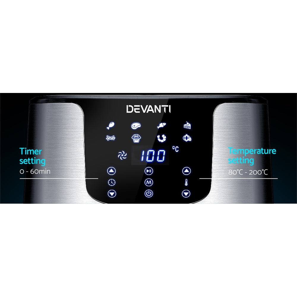 Devanti 7L LCD Air Fryer - Oil Free Healthy Cooking, Digital Touch Control for Fries, Chicken, Vegetables | Perfect for Home Kitchen & Healthy Lifestyle