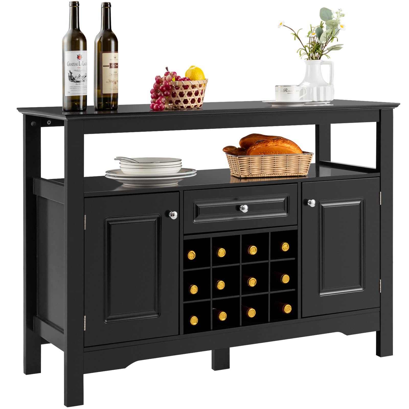Giantex Farmhouse Sideboard Buffet Cabinet with 12-Bottle Wine Rack & Large Drawer - Wooden Kitchen Pantry Organizer for Dining Room, Coffee Bar & Home Storage - Black - Perfect for Wine Display, Kitchen Organization & Dining Room Decor