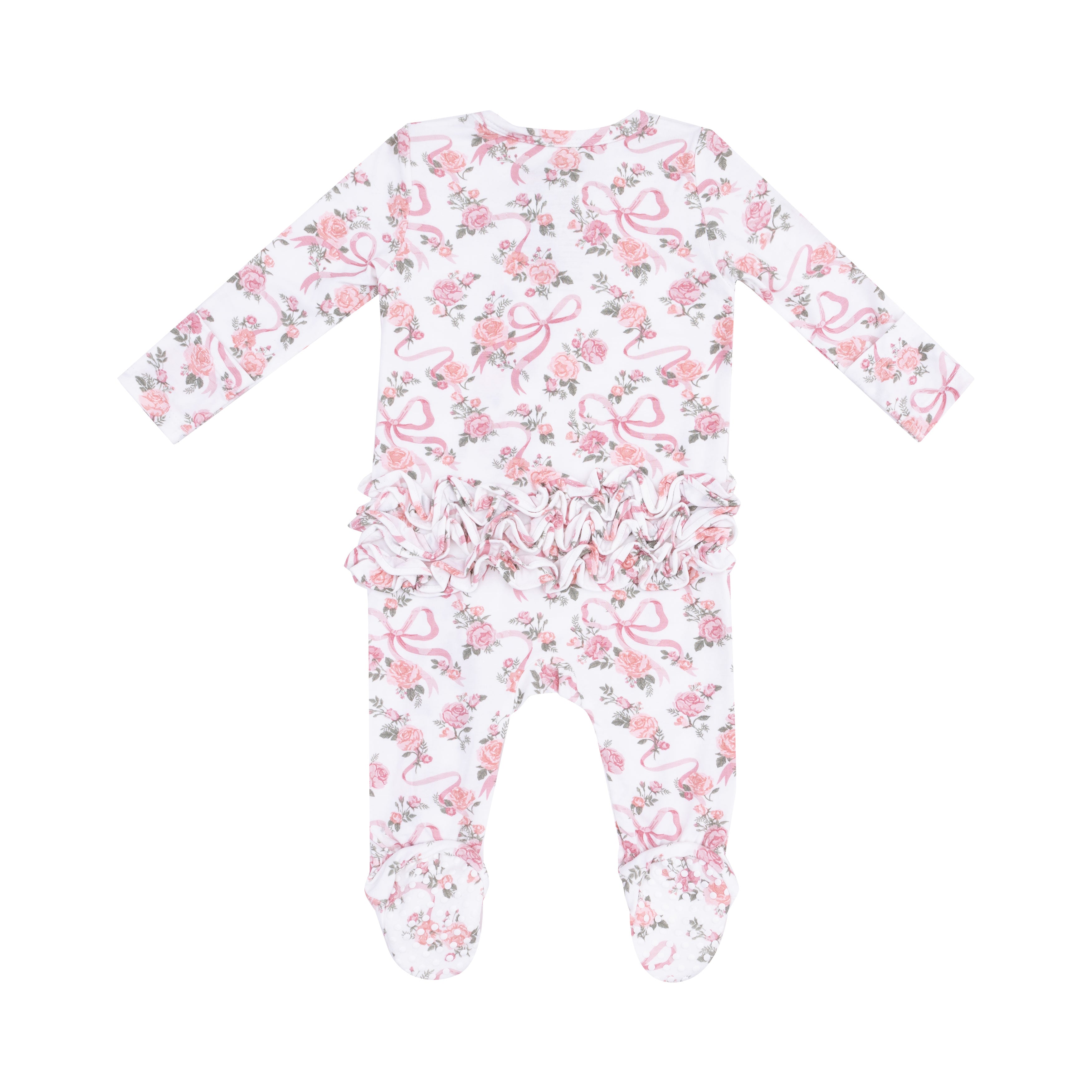Stylish Bamboo 2-Way Zipper Ruffle Footie with Ribbon & Floral Design - Perfect for Baby Showers, Newborn Photoshoots & Cozy Home Wear