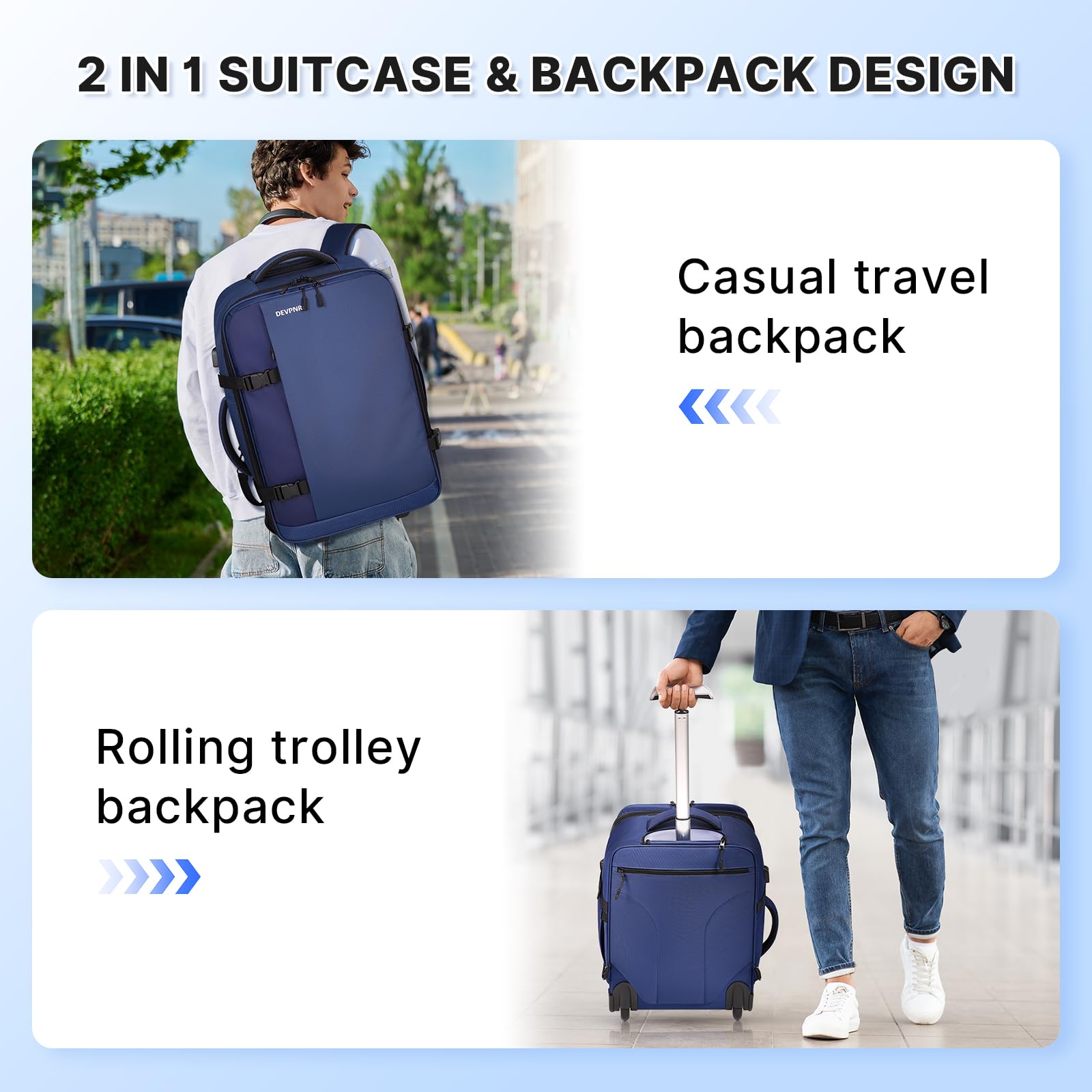 Rolling Backpack for Women & Men - 40L Wheeled Carry On Luggage with Laptop Compartment - Airline Approved Travel Backpack for Business Trips & Overnight Stays - Fits 17 Inch Laptop (Blue) | Perfect for Commuting, Business Travel & Weekend Getaways