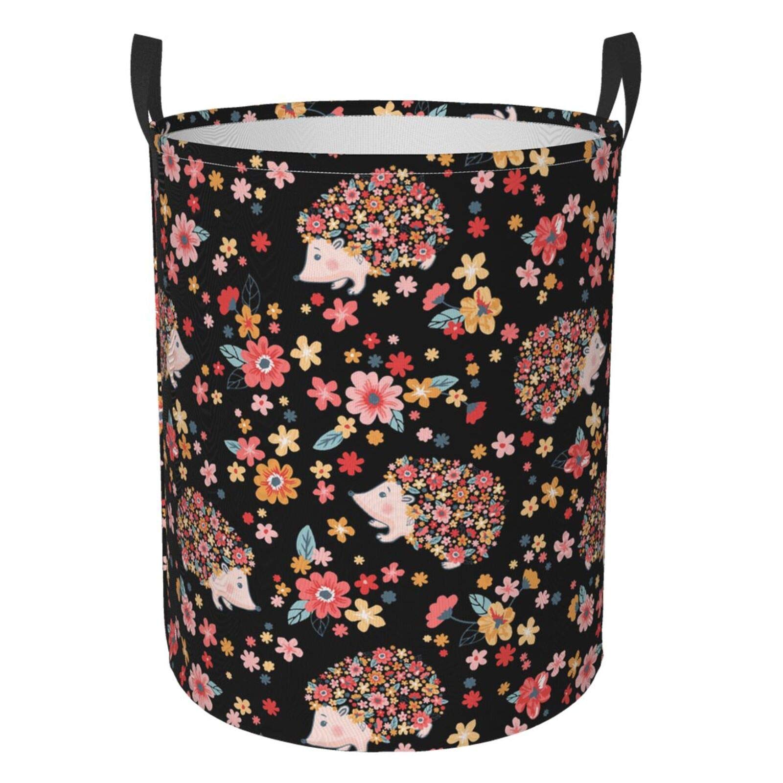 Stylish Black Collapsible Laundry Basket with Cute Hedgehog & Flower Design - Waterproof Fabric Hamper with Handles for Clothes, Toys Storage - Perfect for Bedroom, Bathroom & Kids Room Organization