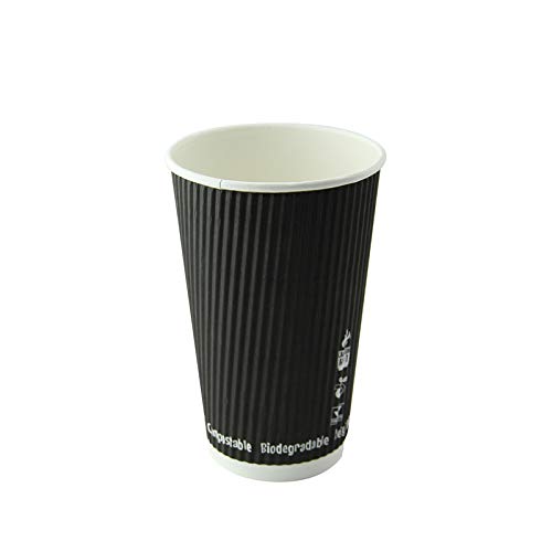 PacknWood 16oz Compostable Rippled Black Paper Cups - 500 Count, Eco-Friendly Disposable Coffee Cups for Hot/Cold Beverages, Tea, Parties, Office & Events (3.5