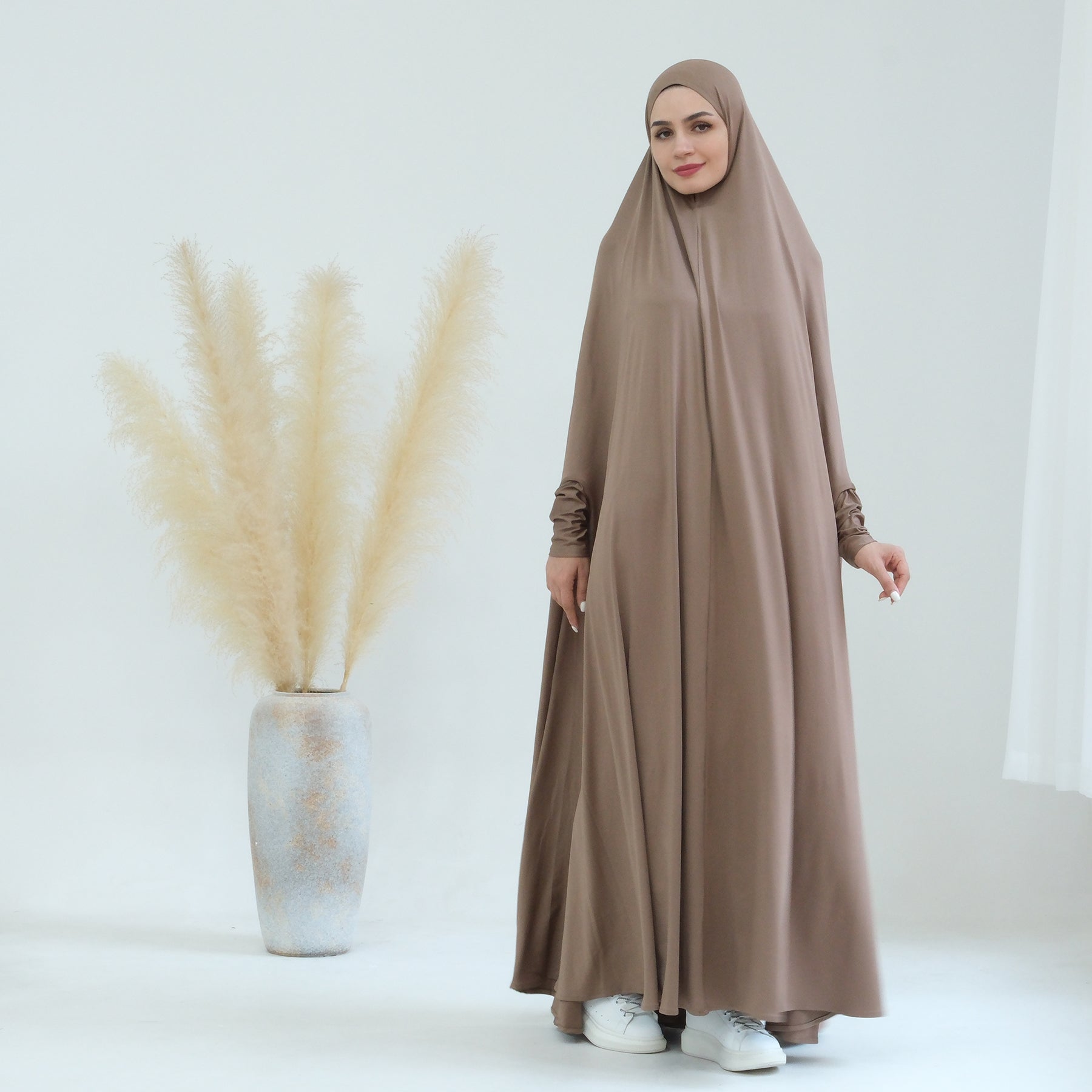 Awra Cape Hijab Combo in Taupe - Modest Muslim Women's Prayer Shawl & Scarf Set for Daily Wear, Prayer, and Special Occasions