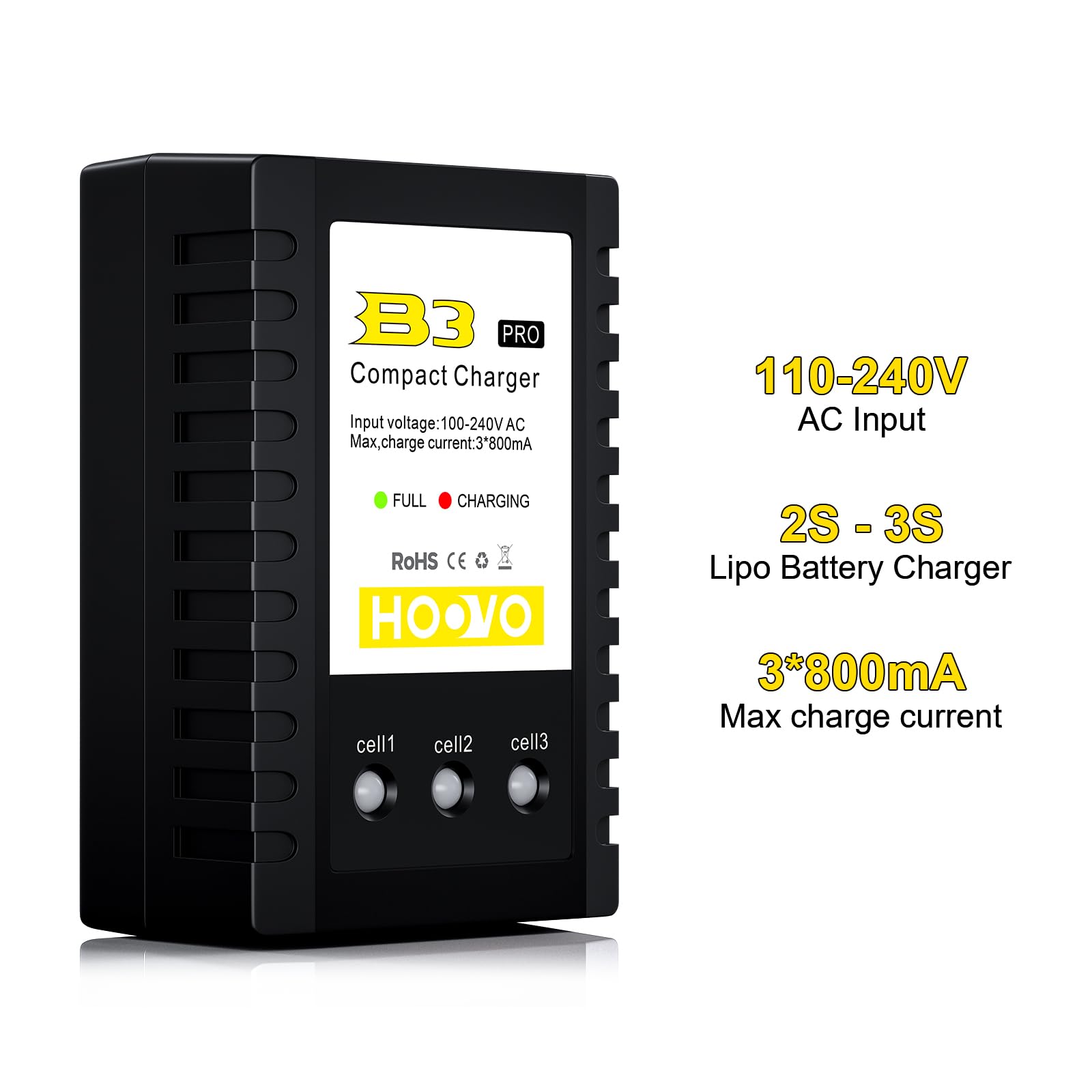 HOOVO B3 PRO Lipo Battery Charger for 2S-3S 7.4V-11.1V RC Drone Batteries - Compact Balance Charger for RC Cars, Drones, and Airsoft Guns - Fast Charging with Safety Protection