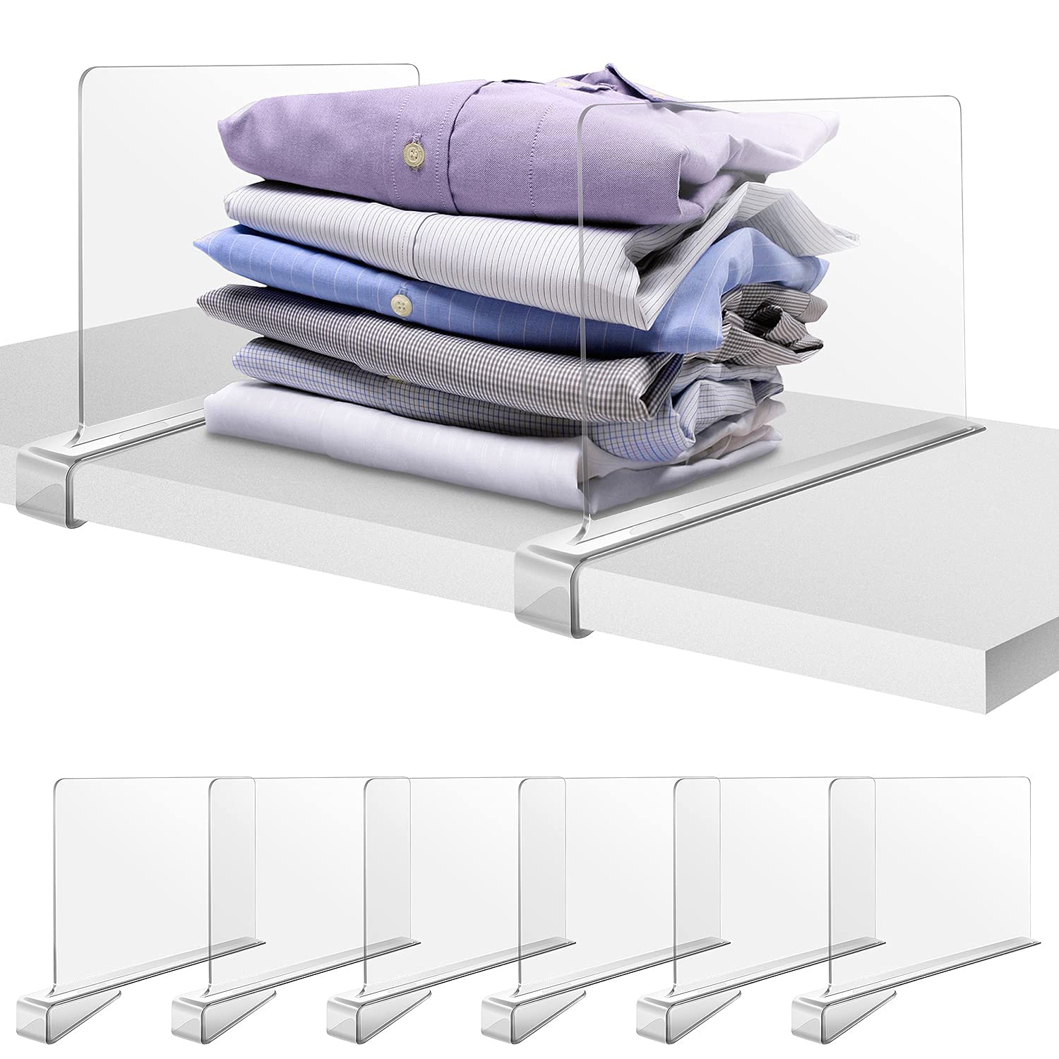 6-Pack Clear Acrylic Shelf Dividers for Closets - Adjustable Closet Organizer for Clothing, Purses & Accessories - Fits 0.4