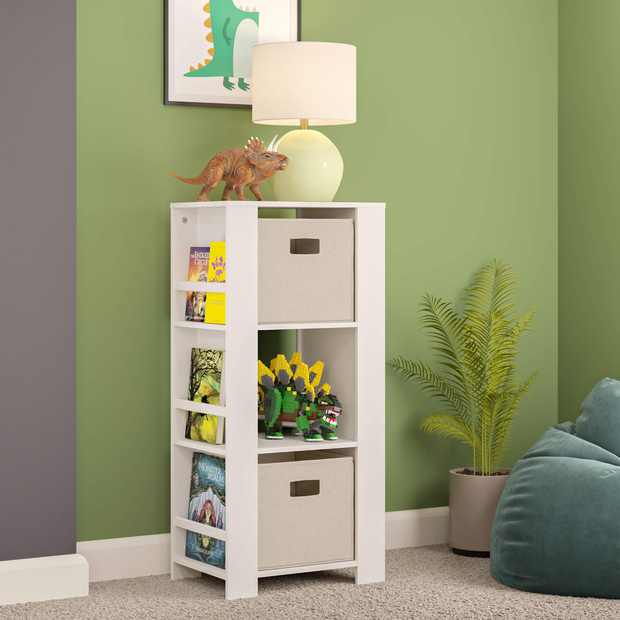 RiverRidge Kids Book Nook Tower - 3-Tier Bookshelf & Toy Storage Organizer with 6 Book Racks & 2 Taupe Storage Bins - Space-Saving Nursery, Playroom & Bedroom Organization Solution for Books, Toys & Kids Essentials