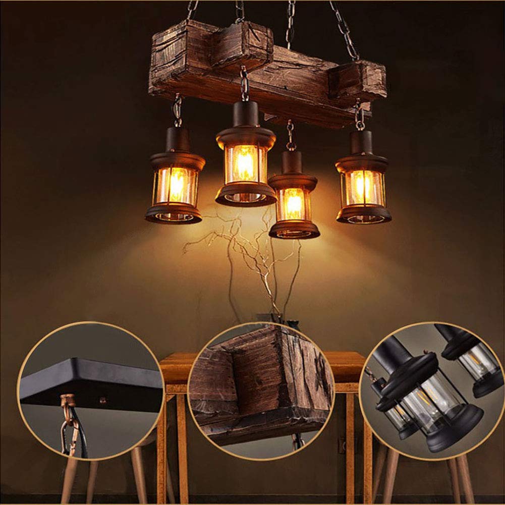 BTDH 8/4 Lights Industrial Vintage Wooden Chandelier - Adjustable Hanging Pendant Light Fixture for Farmhouse, Cafe, Bar & Restaurant - Perfect for Dining Room, Kitchen Island & Commercial Spaces (4 Lights)