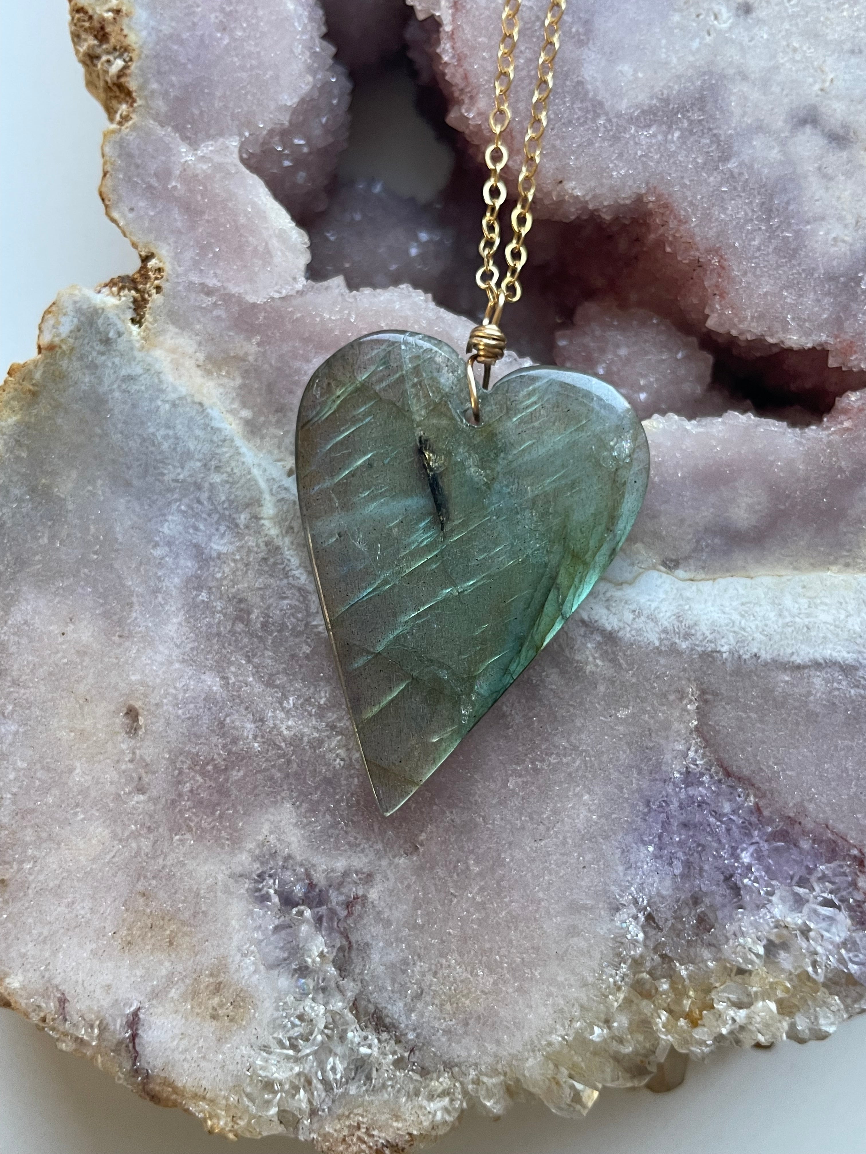 Labradorite Heart Pendant Necklace in Gold - Healing Crystal Jewelry for Women, Spiritual Gift for Meditation & Energy Protection