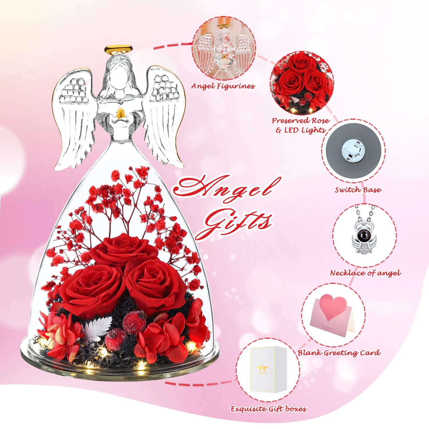 ANWEAO Preserved Rose Gifts with LED Angel Figurines - Perfect Mother's Day, Birthday, Anniversary Gifts for Women, Mom, Grandma, Wife - Romantic Home Decor & Keepsake for Special Occasions