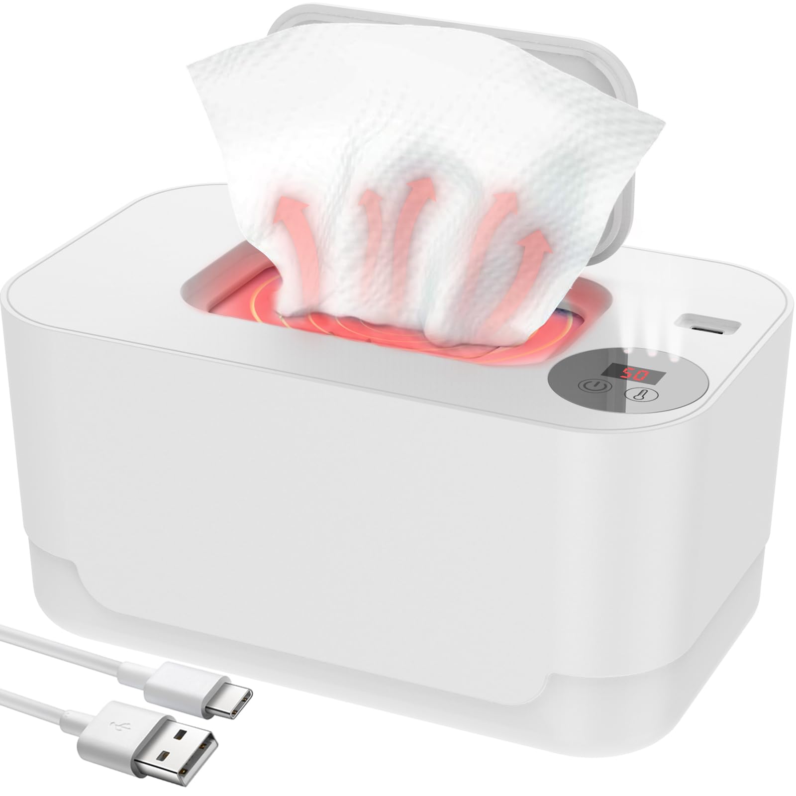 Abizarch Portable Baby Wipe Warmer with LED Light & USB Power - Adjustable Temperature 40-55°C - Keeps Wipes Warm & Moist for Diaper Changes, Baby Care - Perfect for Nursery, Travel & On-the-Go Parents
