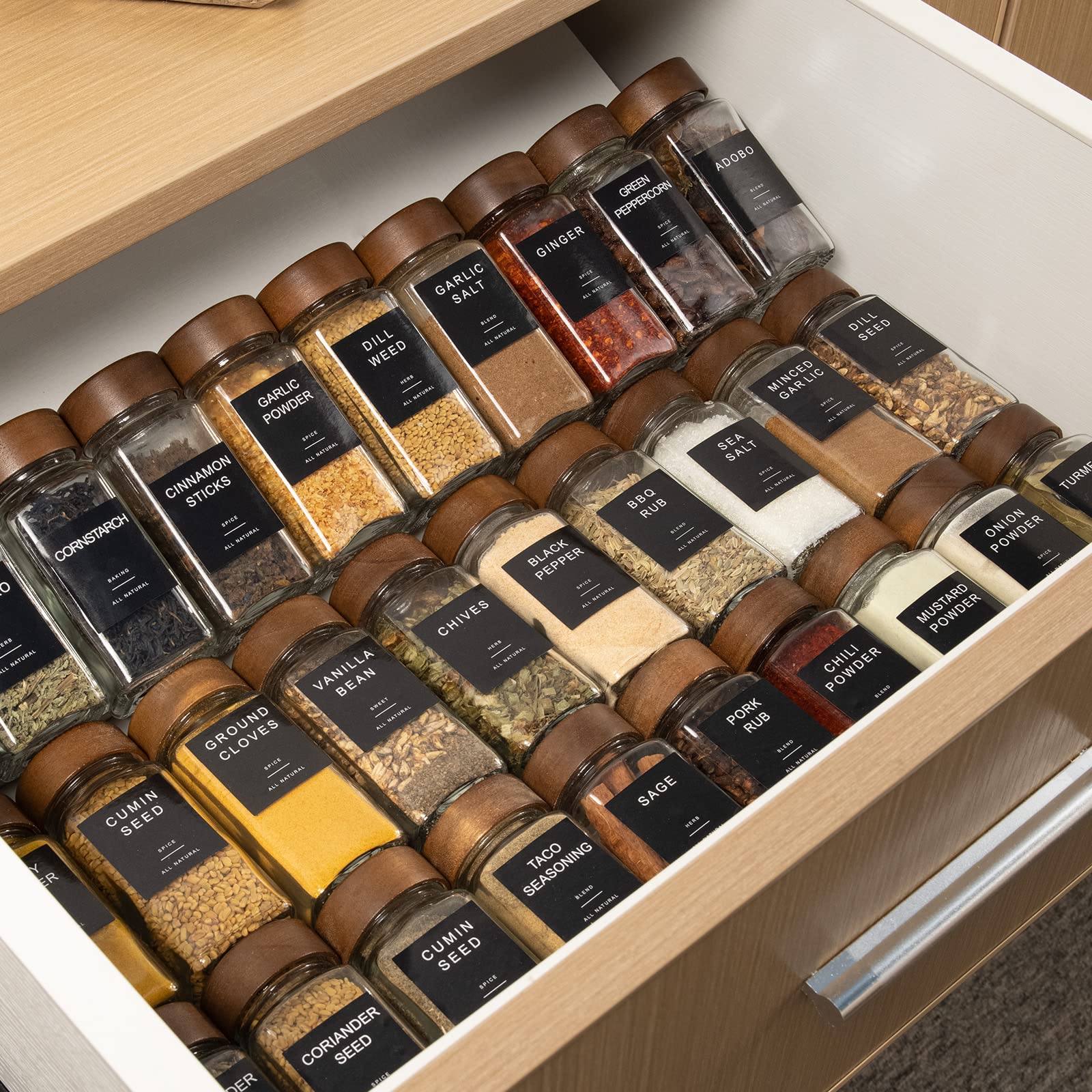 14Pcs Glass Spice Jars with Labels - 4OZ Square Spice Containers with Wood Lids, Pepper Grinder Lids & Funnel - Perfect for Kitchen Rack, Cabinet & Drawer Organization - Ideal for Cooking, Baking & Seasoning Storage