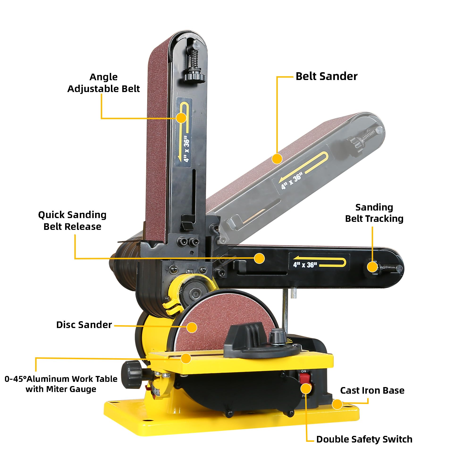4.3A Belt and Disc Sander | 4 x 36 Inch Sanding Belt & 6 Inch Disc | Dual Dust Ports | Heavy-Duty Steel Base | Includes 2 Sandpapers | Perfect for Woodworking, Metal Polishing & DIY Projects