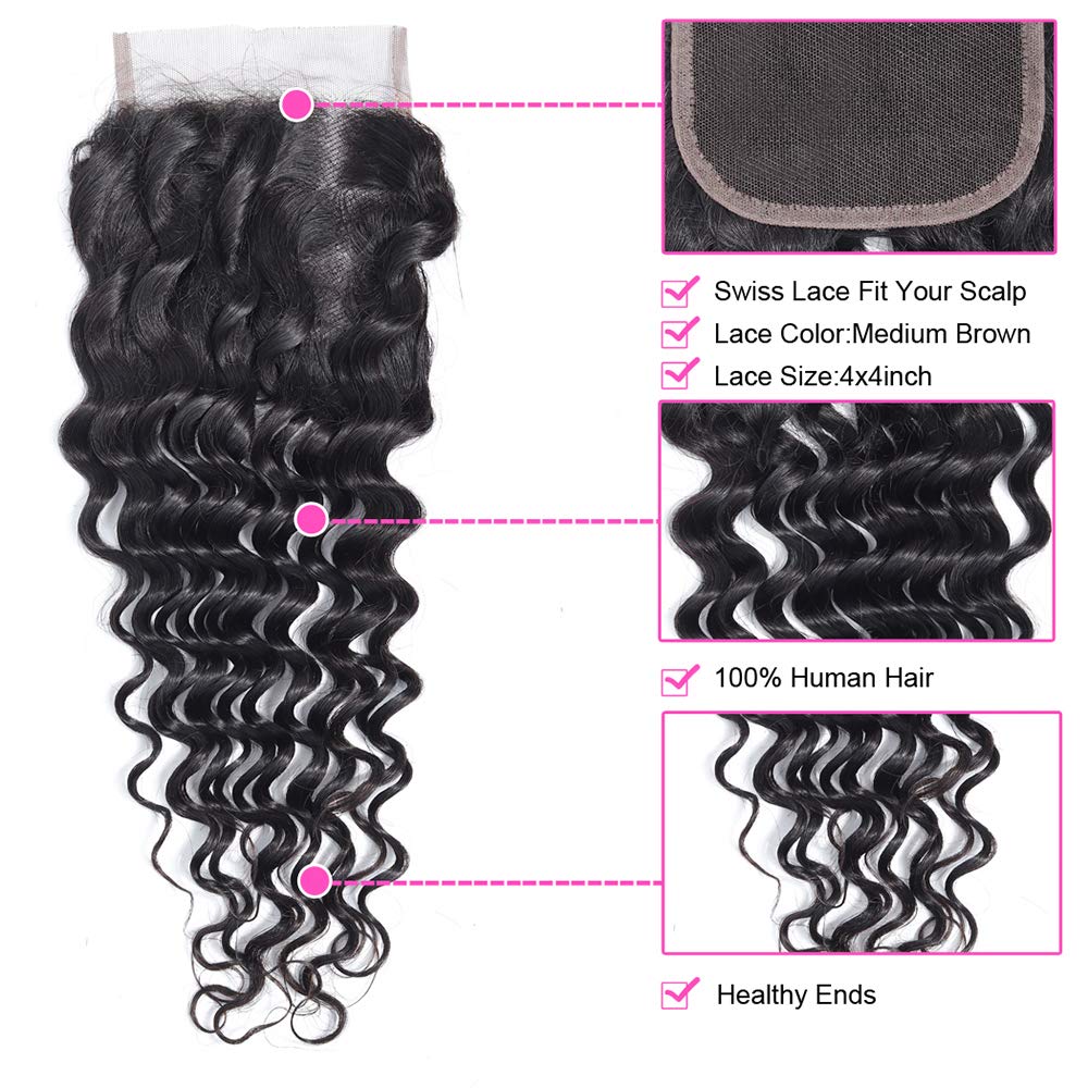 10A Deep Wave Brazilian Human Hair Bundles with 4x4 Lace Closure (26/28/30+20) - 100% Unprocessed Virgin Hair for Natural Look | Perfect for Protective Styles, Weaves & Everyday Glam