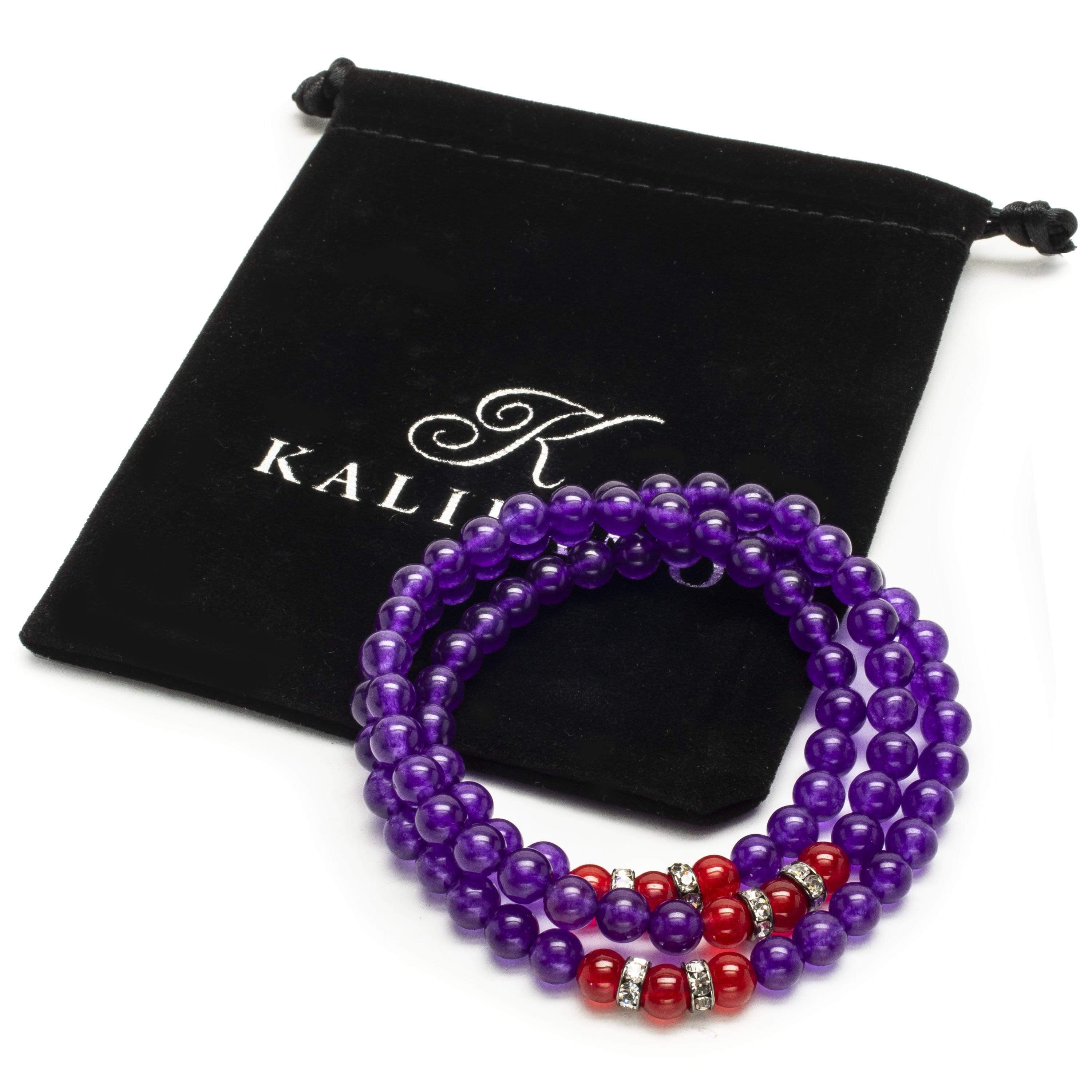 6mm Amethyst Beads & Strawberry Agate Crystal Accent Beads Triple Wrap Elastic Gemstone Bracelet for Women - Yoga, Meditation & Spiritual Healing Jewelry