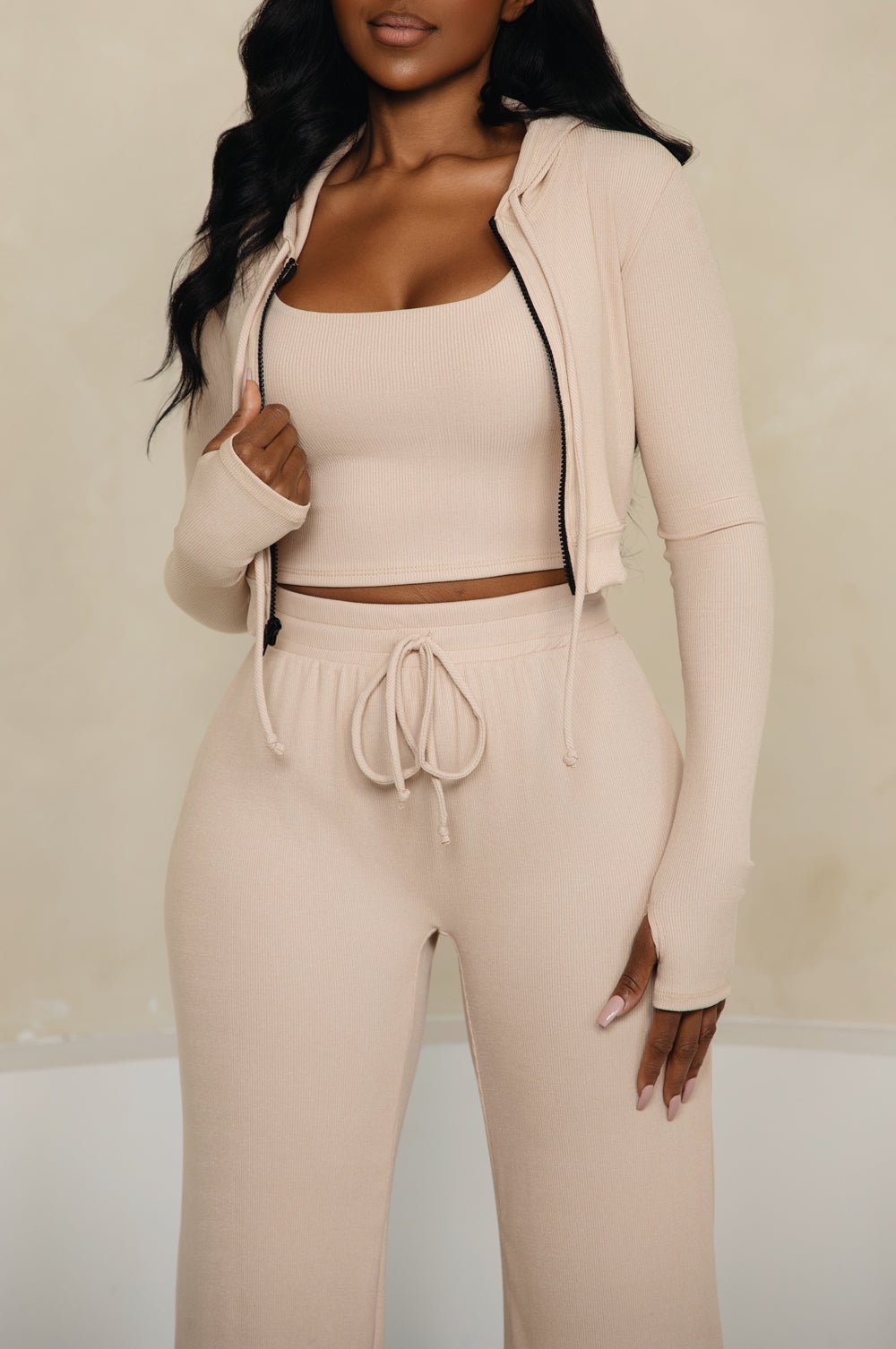 HMS Skins: Tan Baby Ribbed Cropped Hooded Jacket for Women - Stylish Casual Outerwear for Fall & Spring Fashion