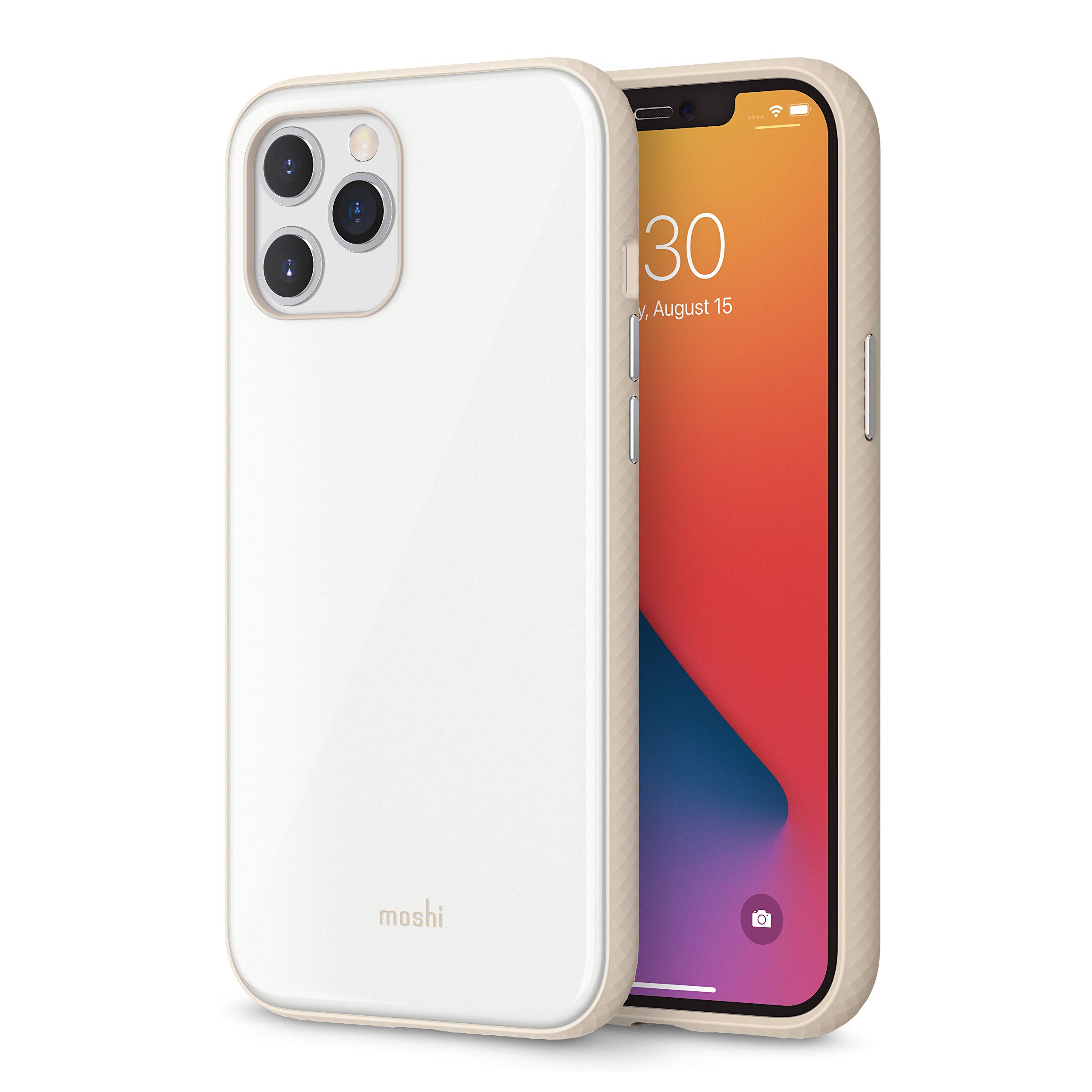 Moshi iGlaze Hardshell Case for iPhone 12 Pro Max (6.7-inch) - Glossy Finish, Non-Slip Frame, Responsive Metal Buttons - Pearl White - Perfect for Daily Protection & Style Enhancement