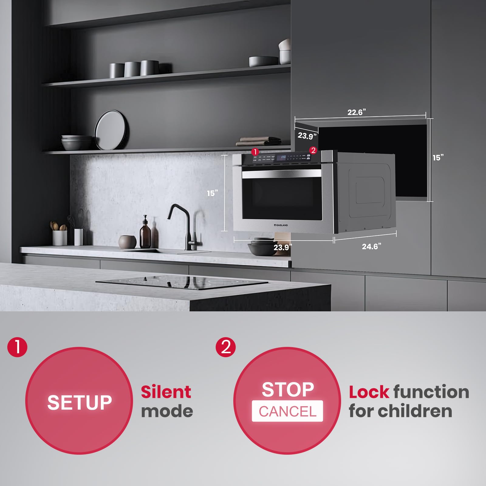 **GASLAND 1.2 cu. ft. Built-In Microwave Drawer - 24 Inch, 1000W Under Counter Microwave with 11 Cooking Levels & Touch Controls - Stainless Steel - Perfect for Kitchens, RVs, and Small Spaces**