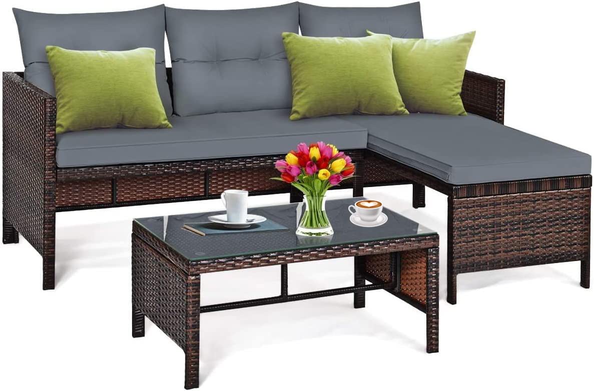 LUARANE 3-Piece Outdoor Patio Corner Sofa Set with Lounge Chair, Double Chair & Coffee Table - Waterproof Grey Wicker Furniture for Garden, Poolside, Backyard & Lawn Relaxation | Durable All-Weather Conversation Set for Outdoor Entertaining
