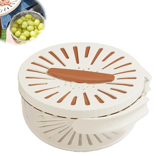 Cuzykitchen 2-in-1 Fruit Washing Bowl with Strainer & Lid - Foldable Vegetable Drainer Container with Handle for Kitchen & Picnics (Brown, 1pc) - Perfect for Washing Berries, Salad Greens & Fresh Produce