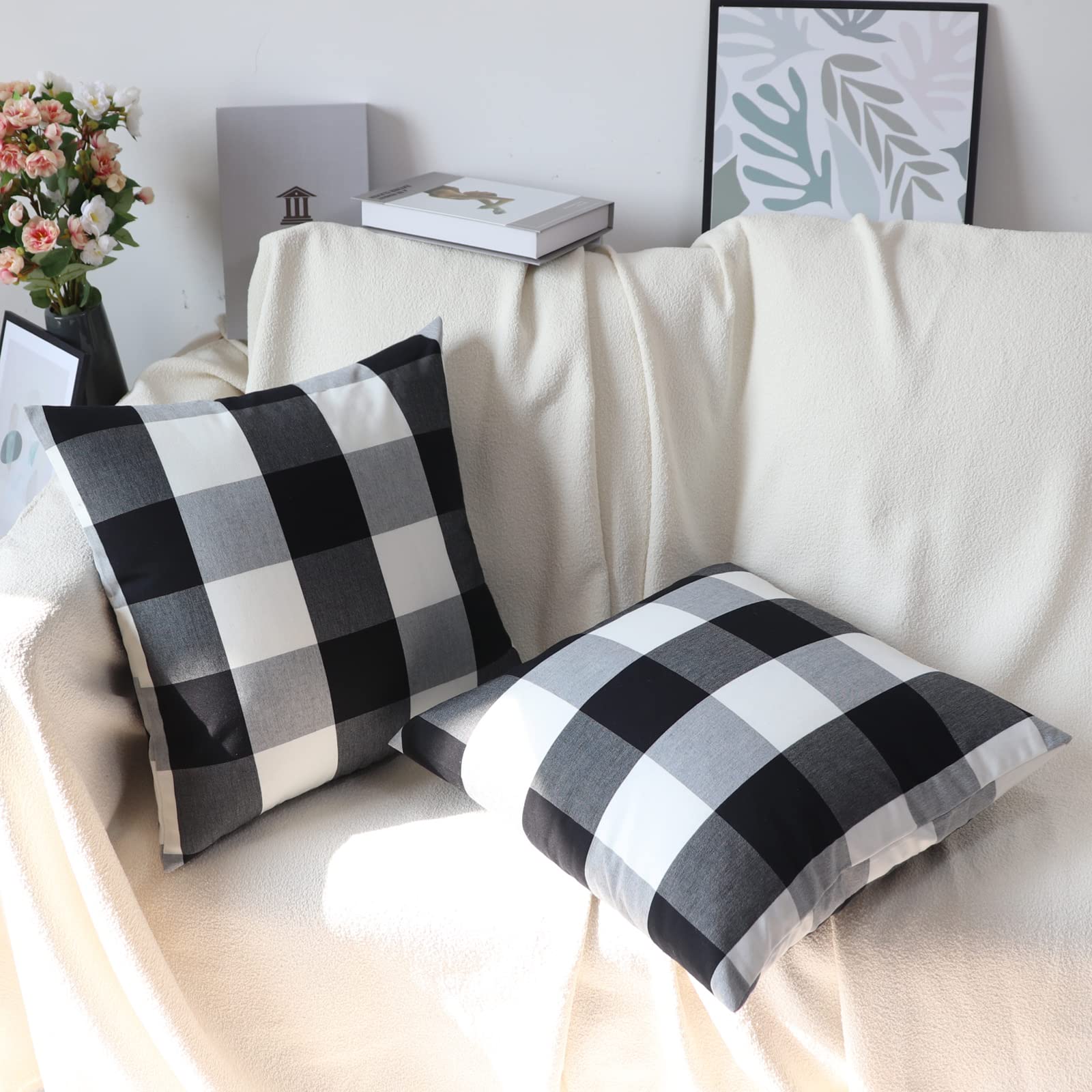 Buffalo Check Plaid Pillow Covers 16x16 Inch - Farmhouse Style Decorative Throw Pillow Covers for Couch, Sofa & Bed - Black and White Christmas Home Decor (Pack of 2) - Perfect for Living Room, Porch & Seasonal Holiday Decorations