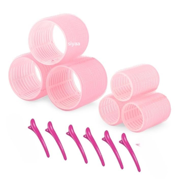 SIYAA Self-Grip Hair Rollers & Curlers Set - 12 Pcs (6 Rollers in 2 Sizes + 6 Clips) for Long/Medium/Short Thick/Thin Hair - Create Voluminous Curls at Home for Salon-Quality Styling