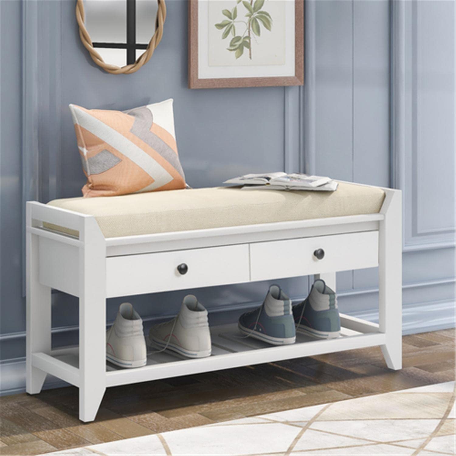 White Wooden Shoe Storage Bench with 2 Drawers & Cushioned Seat - Entryway Organizer for Shoes, Hats & Accessories | Perfect for Hallway, Mudroom or Bedroom Storage Solution