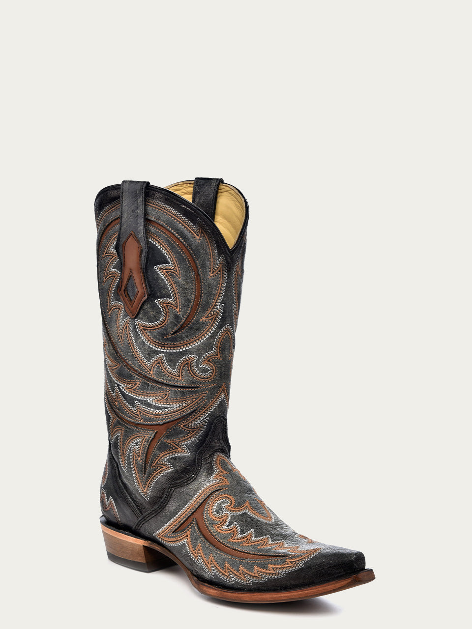 Men's Brown Inlay Embroidery Triad Snip Toe Grey Cowboy Boots - Western Style Boots for Country Riding, Dancing & Casual Wear