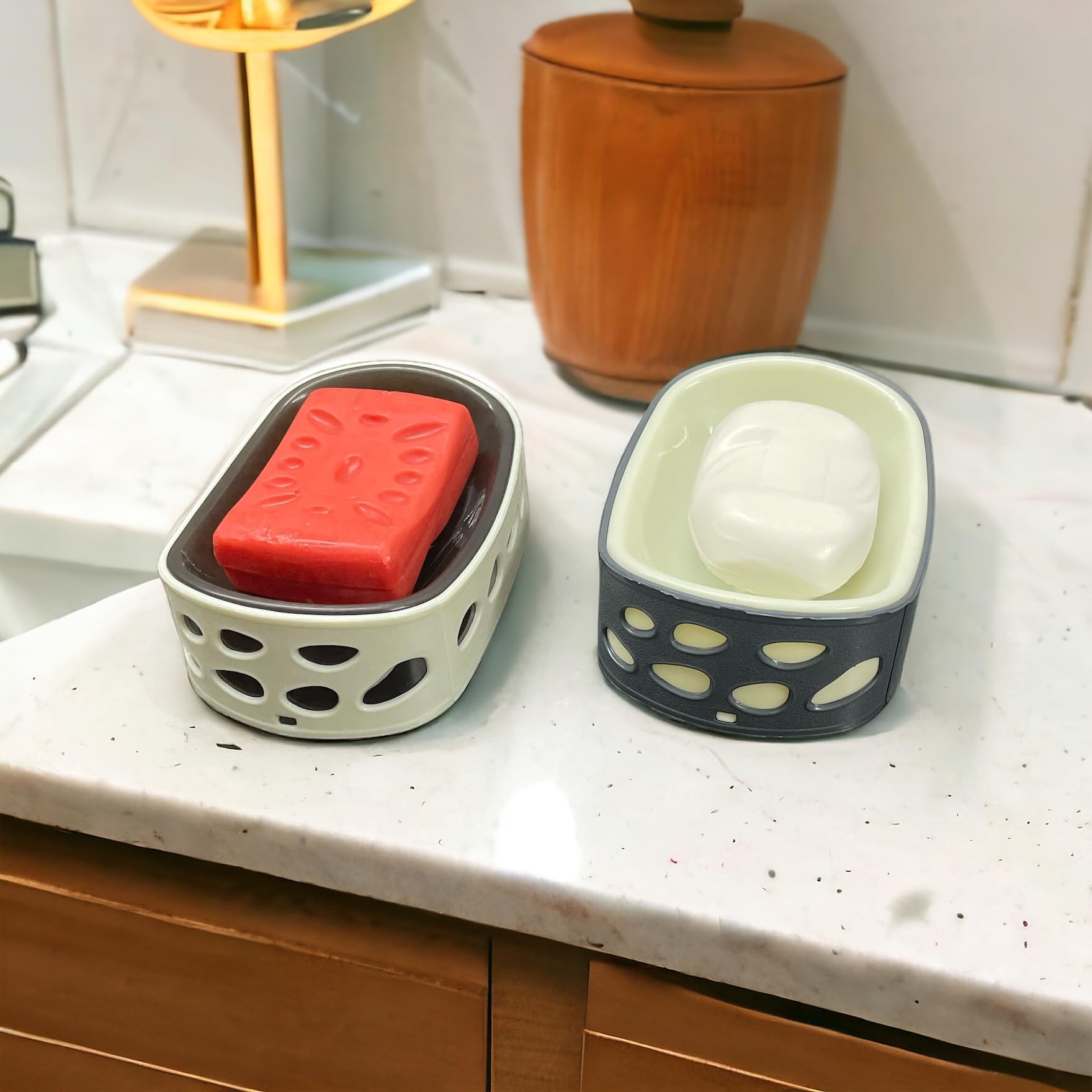 CSM® Soap Holder Set of 2 - White & Grey Soap Dish for Bathroom, Kitchen Sink | Durable Soap Case for Bar Soap Storage, Organizer for Shower, Vanity, and Countertop