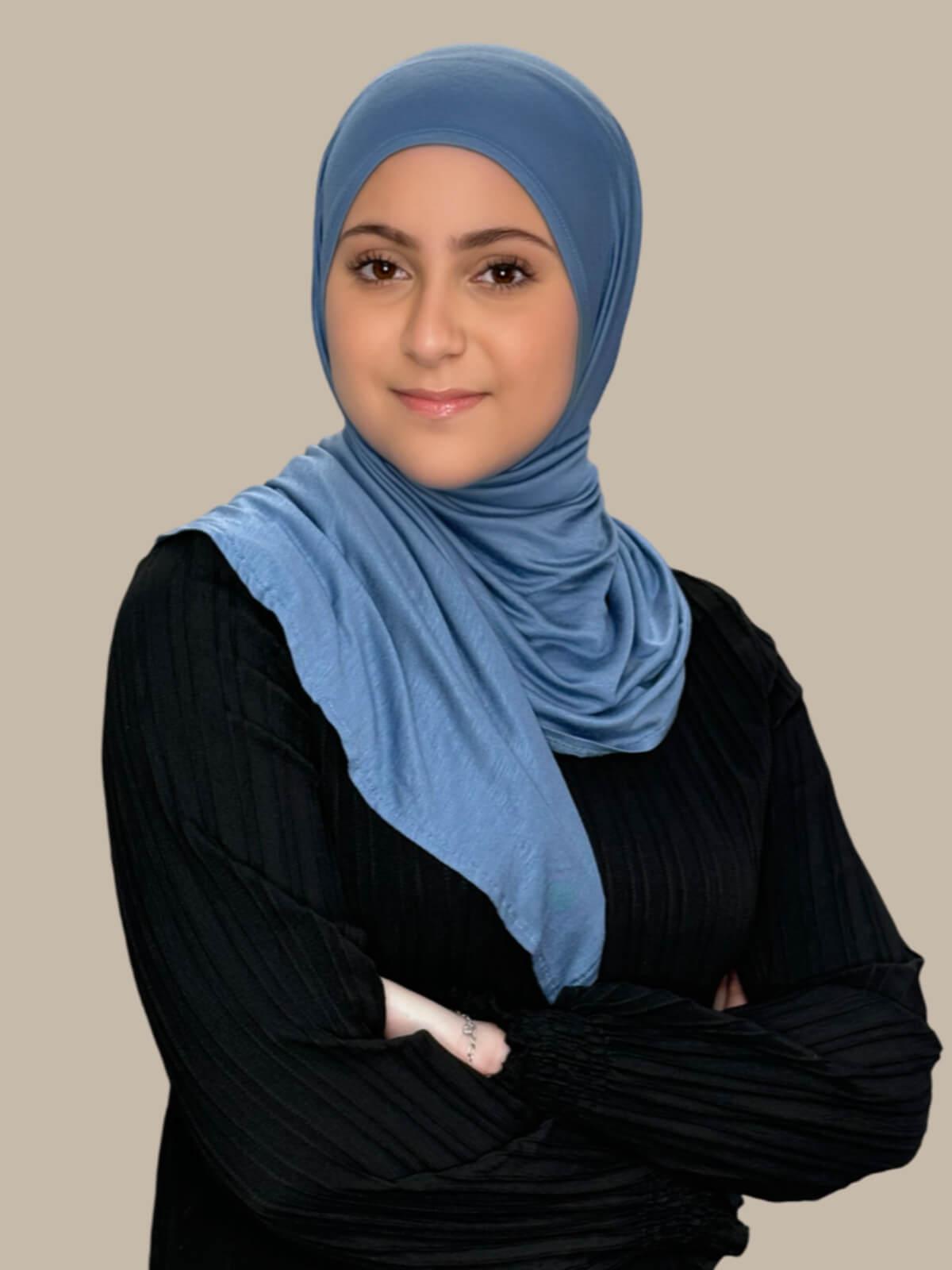 Stylish Pre-Sewn Jersey Hijab for Women - Blue & Grey - Perfect for Everyday Wear, Work & Special Occasions
